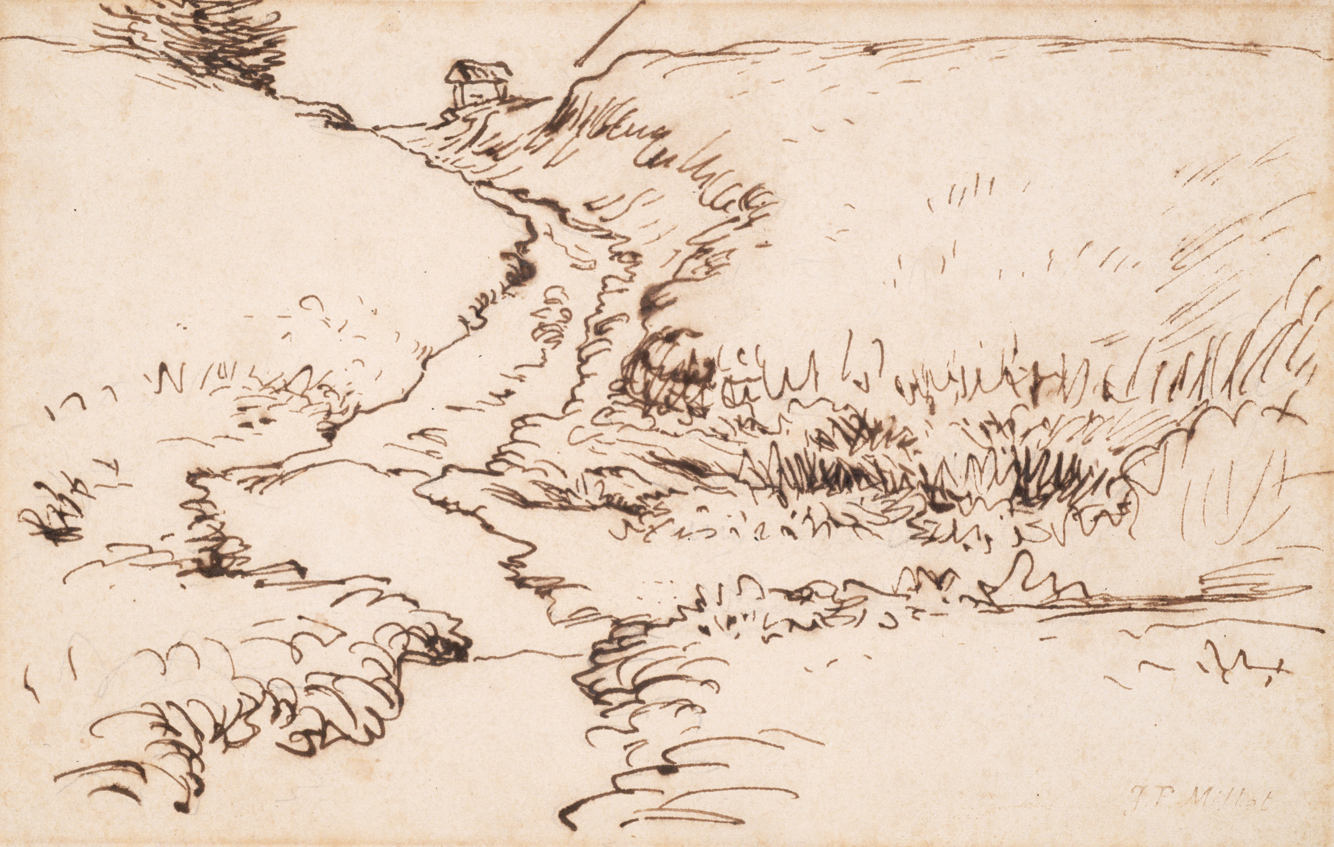 Jean-Fran&ccedil;ois Millet, The Winding Road near Vichy, Auvergne (Chemin montant aux environs de Vichy, Auvergne), c. 1866-68    Pen and ink on paper  5 1/4 x 8 5/16 inches