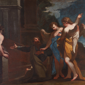 An oil painting of the biblical event the Trinity, three angels visiting Abraham at the Oak of Mamre (Genesis 18:1–8). Abraham, dressed in darker tones, kneels at the feet of the angels, draped in vibrant blue and gold.