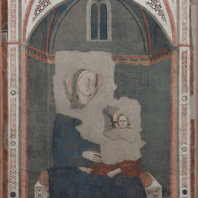 A ripped fresco of the Virgin Mary in Majesty holding Jesus Christ.