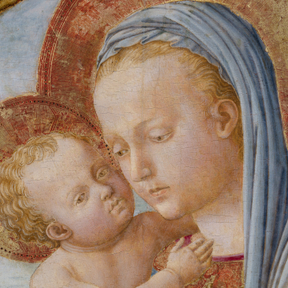 Detail of a tempera painting of the Virgin Mary and Jesus Christ.