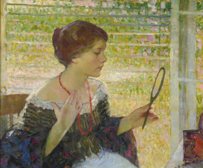 Richard Edward Miller (1875–1943). Young Woman at Her Dressing Table, c. 1912-14. Oil on canvas, 31 5/8 x 25 1/2 in. (detail)