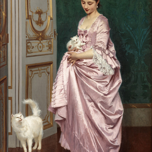 ELEGANT YOUNG WOMAN WITH TWO WHITE CATS