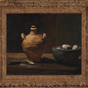 STILL LIFE WITH POTATOES, GARLIC, AND A CERAMIC JUG