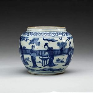 AN UNUSUAL CHINESE BLUE AND WHITE MING JAR, 17th Century