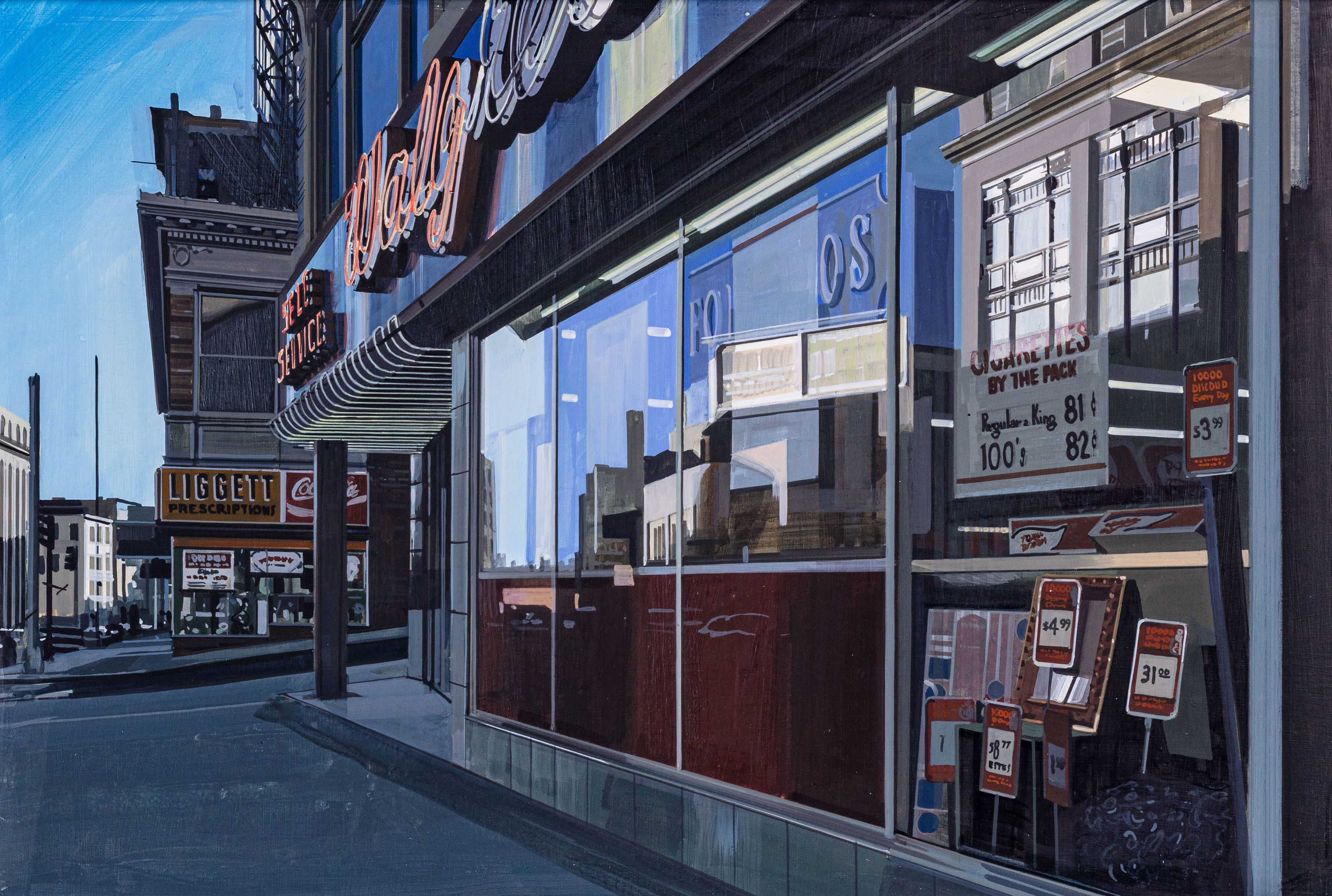Richard Estes (b. 1932) Walgreens, c. 1980-82 Signed at lower right: ESTES Oil on board 13½ x 20¼ inches 34.3...