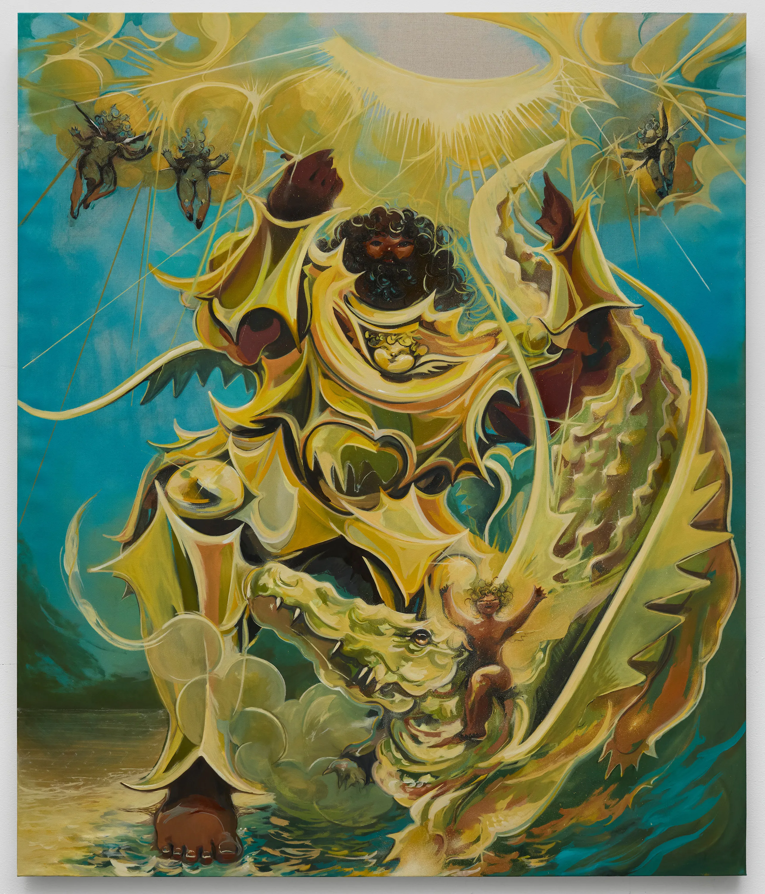 Asif Hoque (Bangladeshi-American, b. 1991) Golden Boy: Toyota Crocodile Under the Sun, 2024 Oil on Linen 60' x 50' (152.5...