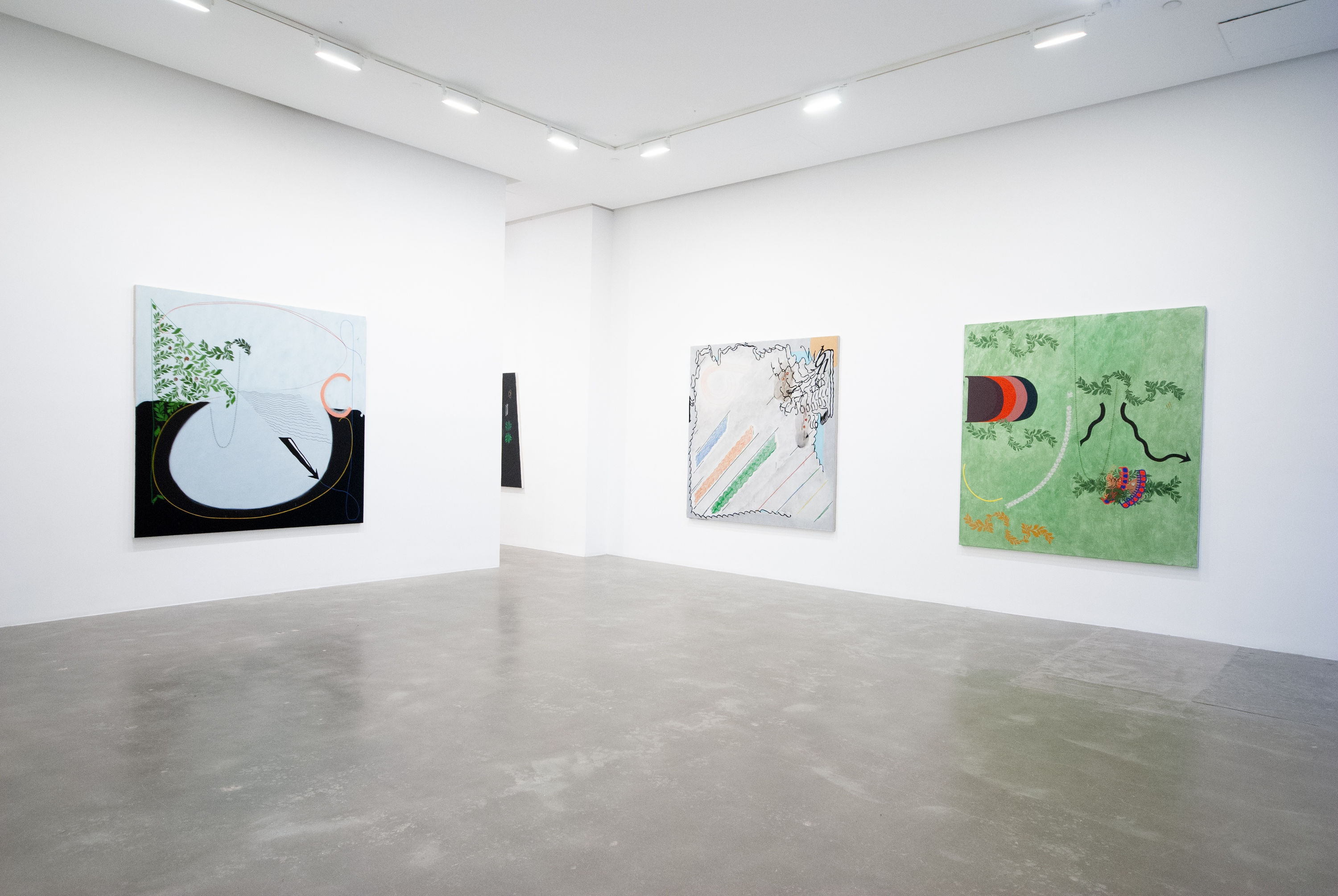 Installation view of three rectangular abstract paintings, one blue with black and green elements, one pale gray with green and orange lines, and one green with repeating vine patterns, by Allison Miller at Susan Inglett Gallery
