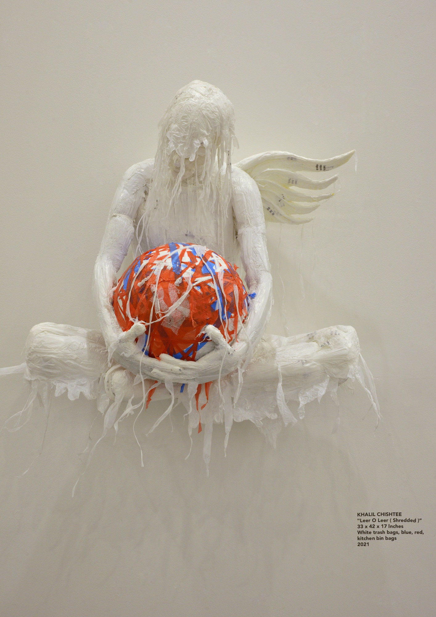 KHALIL CHISHTEE 'Leer O Leer ( Shredded )&rdquo; 33 x 42 x 17 Inches White trash bags, blue, red, kitchen...