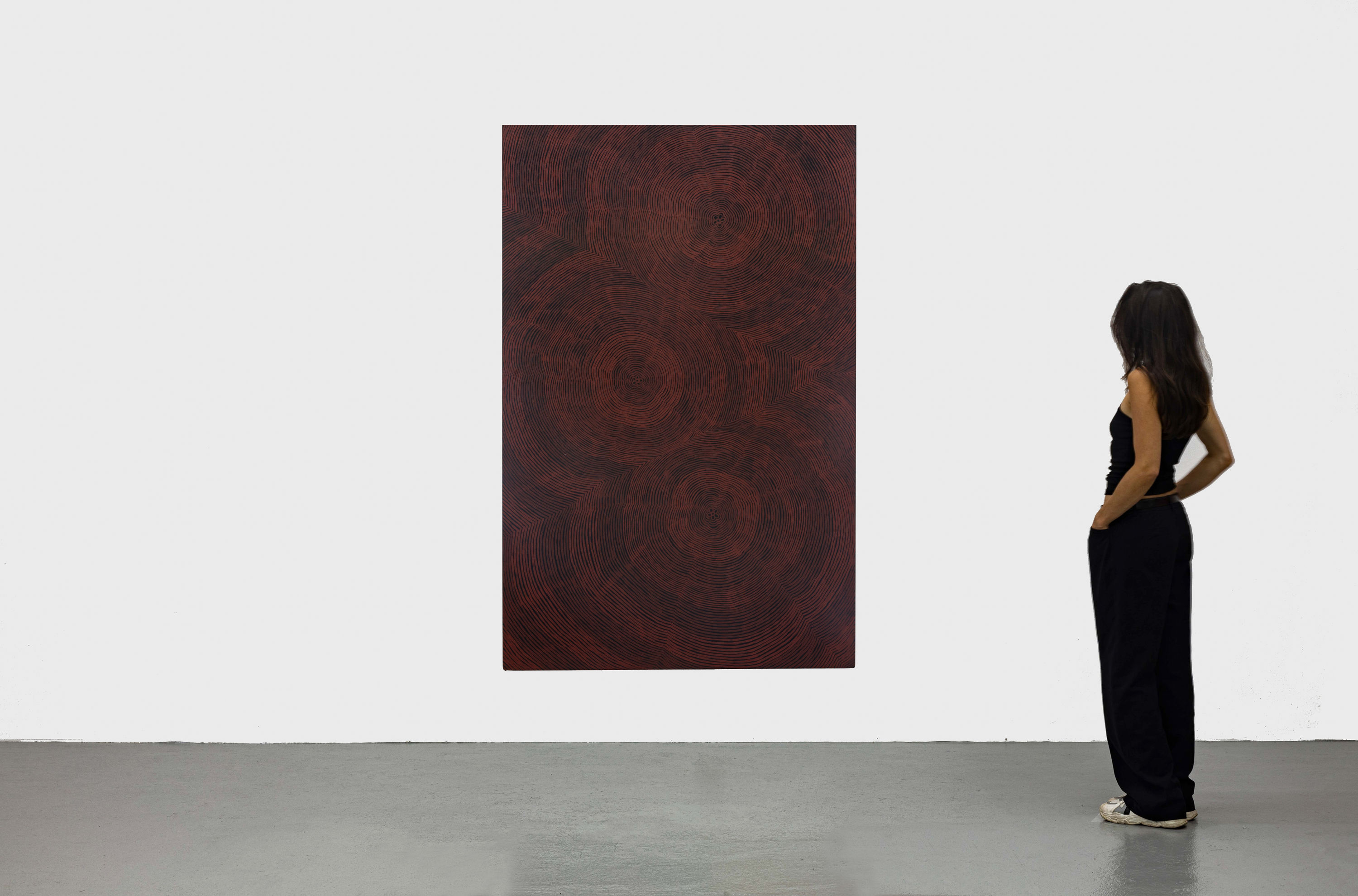 The focus of Nungarrayi&rsquo;s Kapi Tjukurrpa (Water Dreaming) is the heavy desert rains that fall during the summer across her...