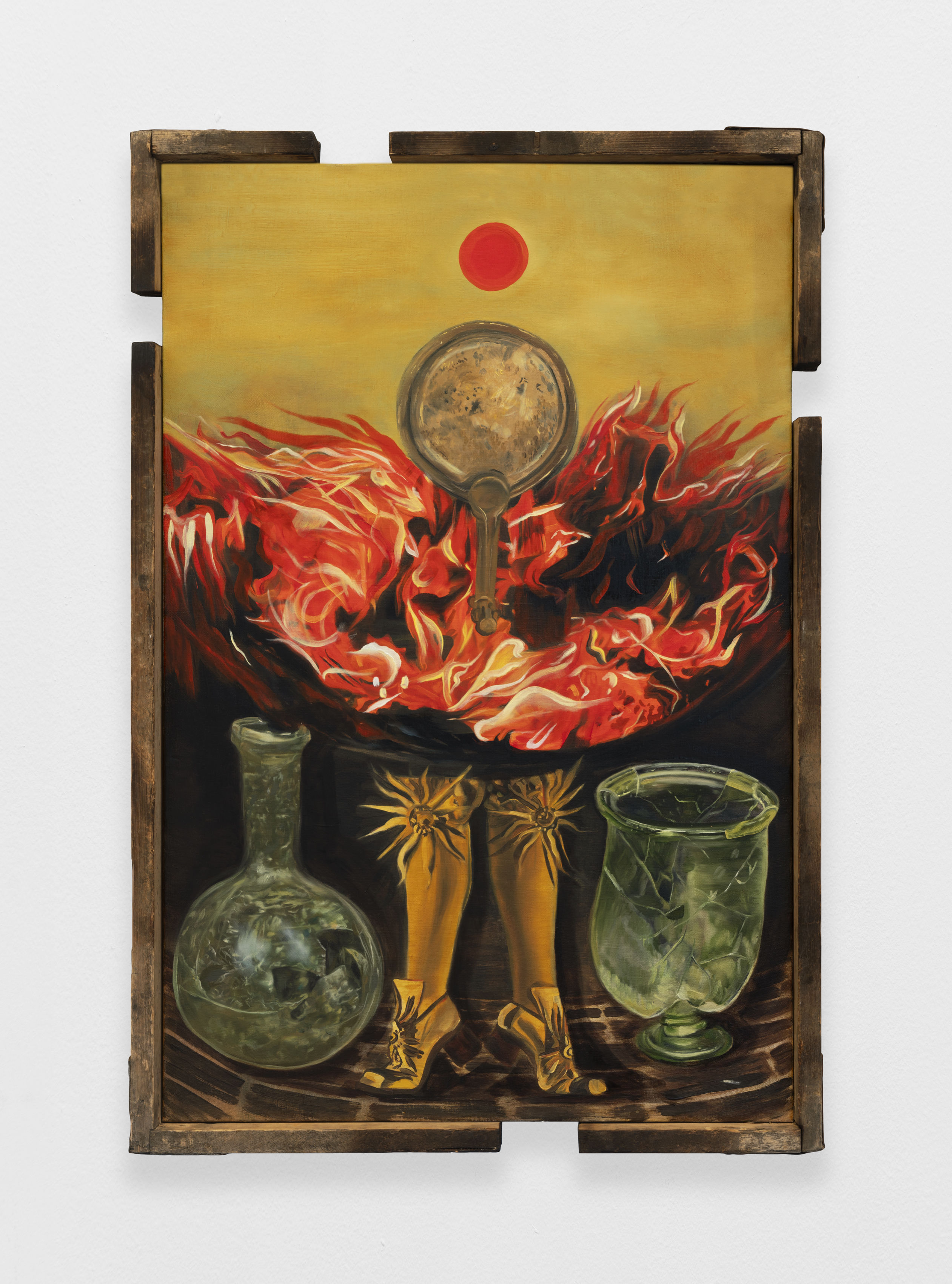Ayla Dmyterko, Sun-based Materialism 2 'No Plien Air', 2023. Oil on linen with found wooden bread tray. 80.5 x 54.5...