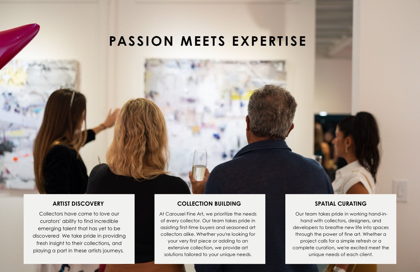 This image contains a background photograph captured at Carousel Fine Art in Miami, FL where Laura Horowicz explains an artwork by French artist Gregory Watin to guests at a vernisage held at Carousel Fine Art (CFA Miami).