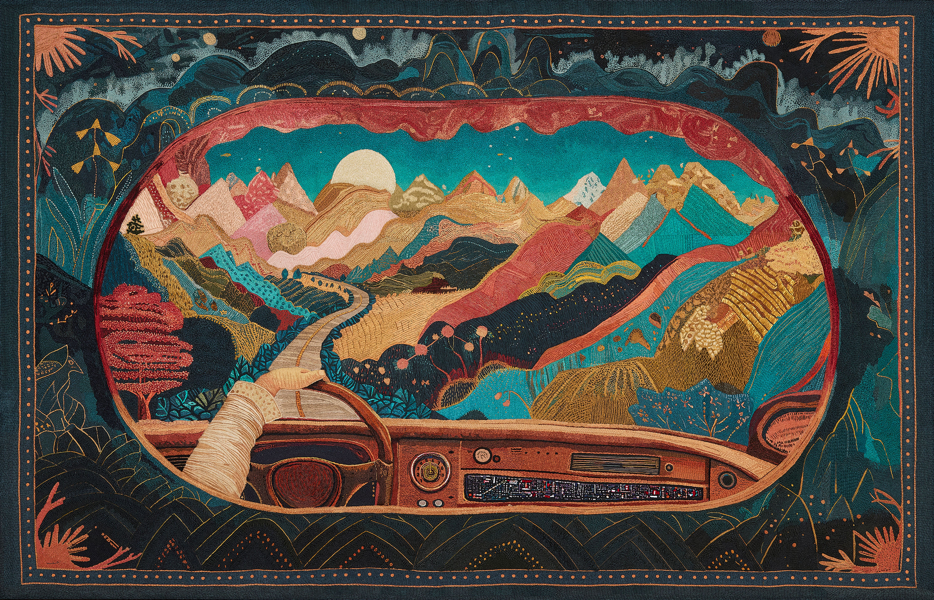 Sakib Afridi Day Time Journey, 2024 Hand Embroidery on Cotton Poplin Fabric W 4.5ft x H 2.8 ft INR 23,00,000...