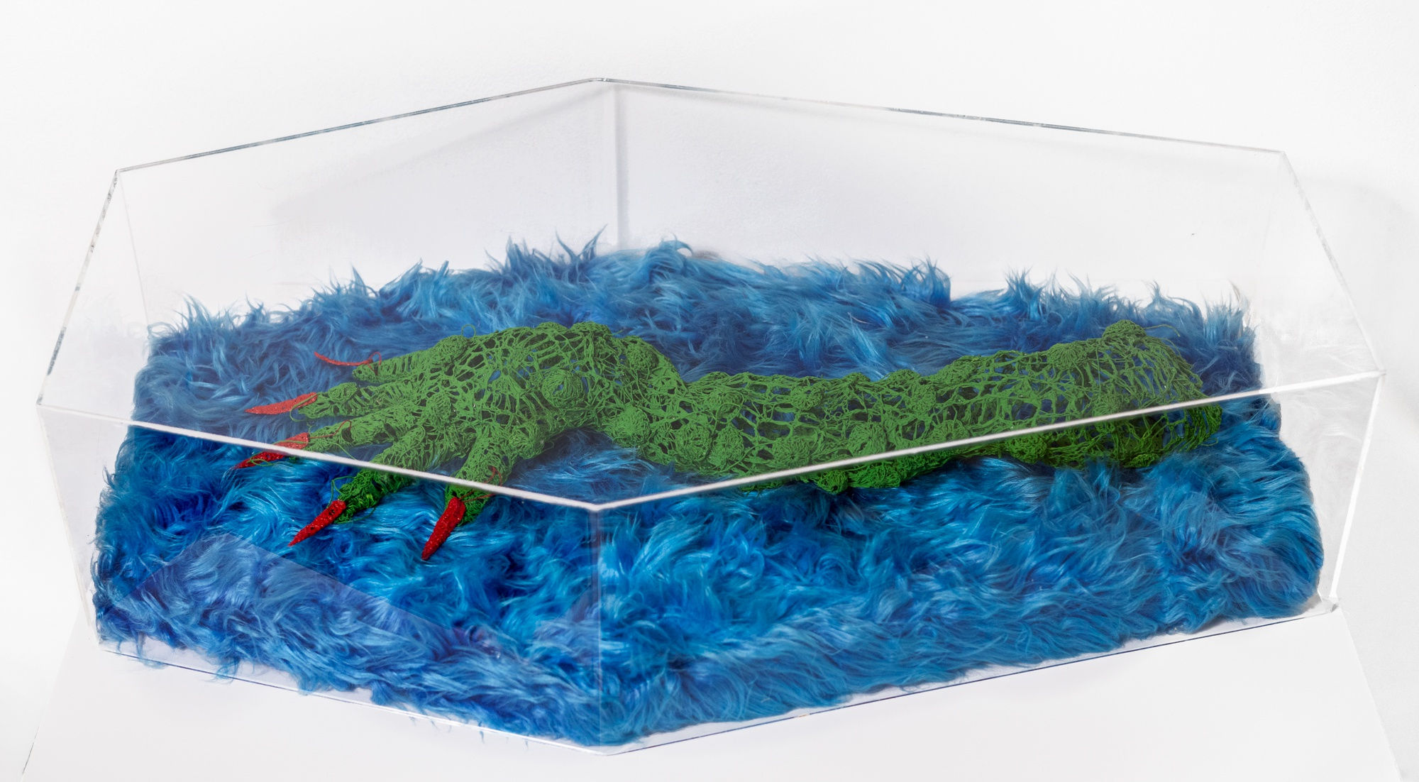 The Holy Spirit of Halloween&trade;, 2023, Hand-crocheted cotton string, glue, flashe, faux fur, custom acrylic coffin, 3.5 x 17 x...