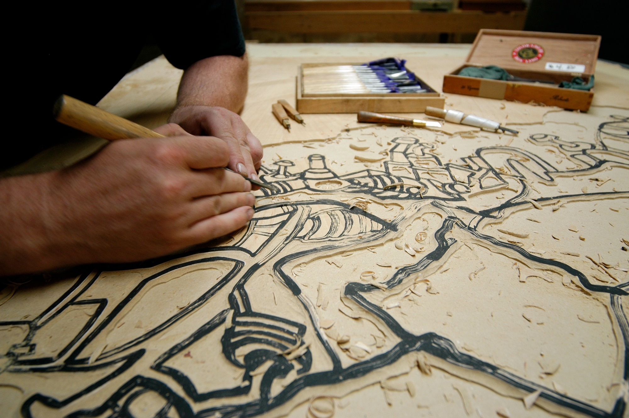 Lydia Dona Durham Press Fuel Injection Woodblock and Screenprint limited edition print, woodblock hand-carving