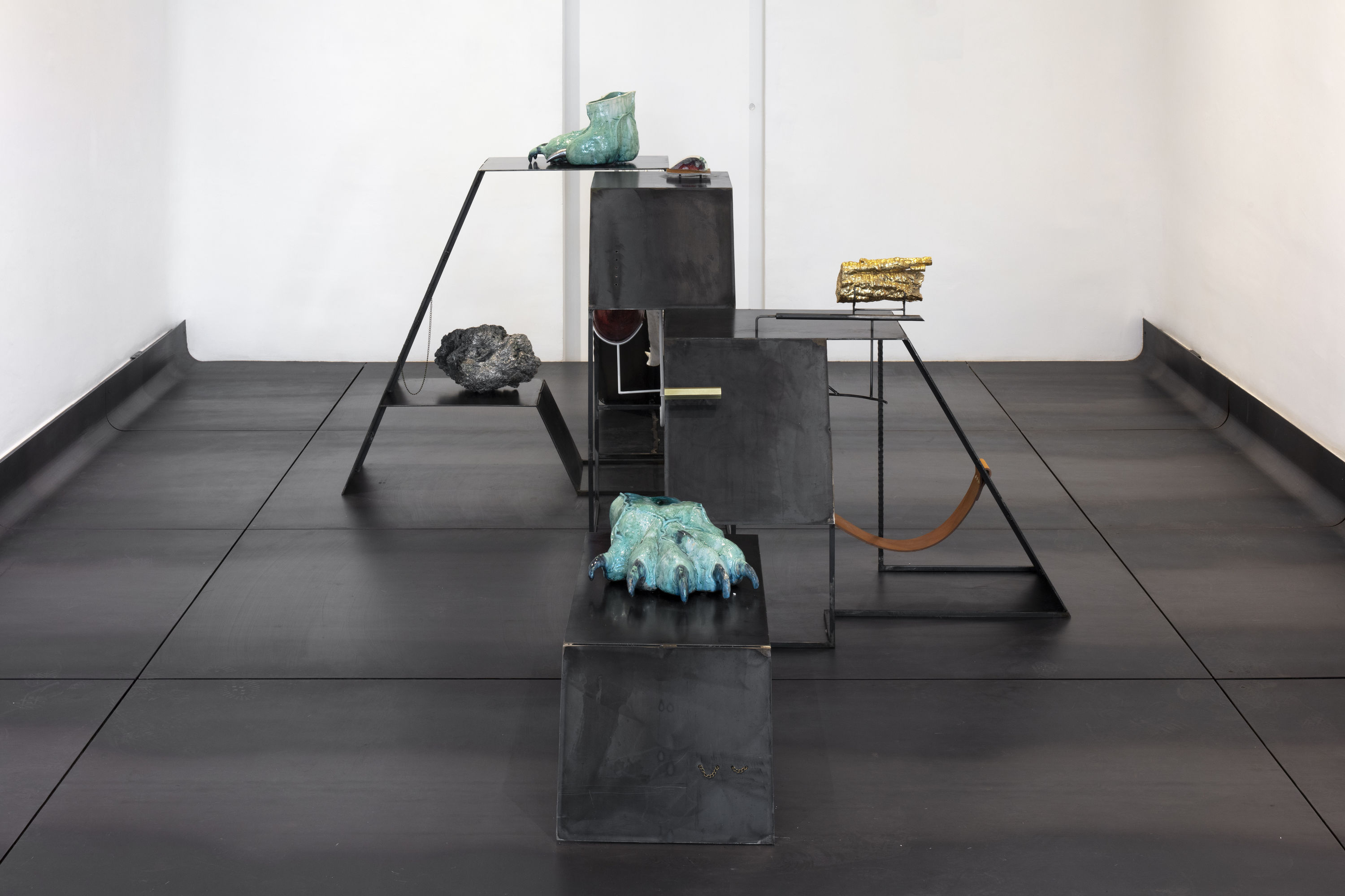 fig 33.1-5 yerba mala, 2021 Blackened and painted steel, glazed ceramic, cochineal on ceramic, gold and nickel-plated volcanic rock, brass,...