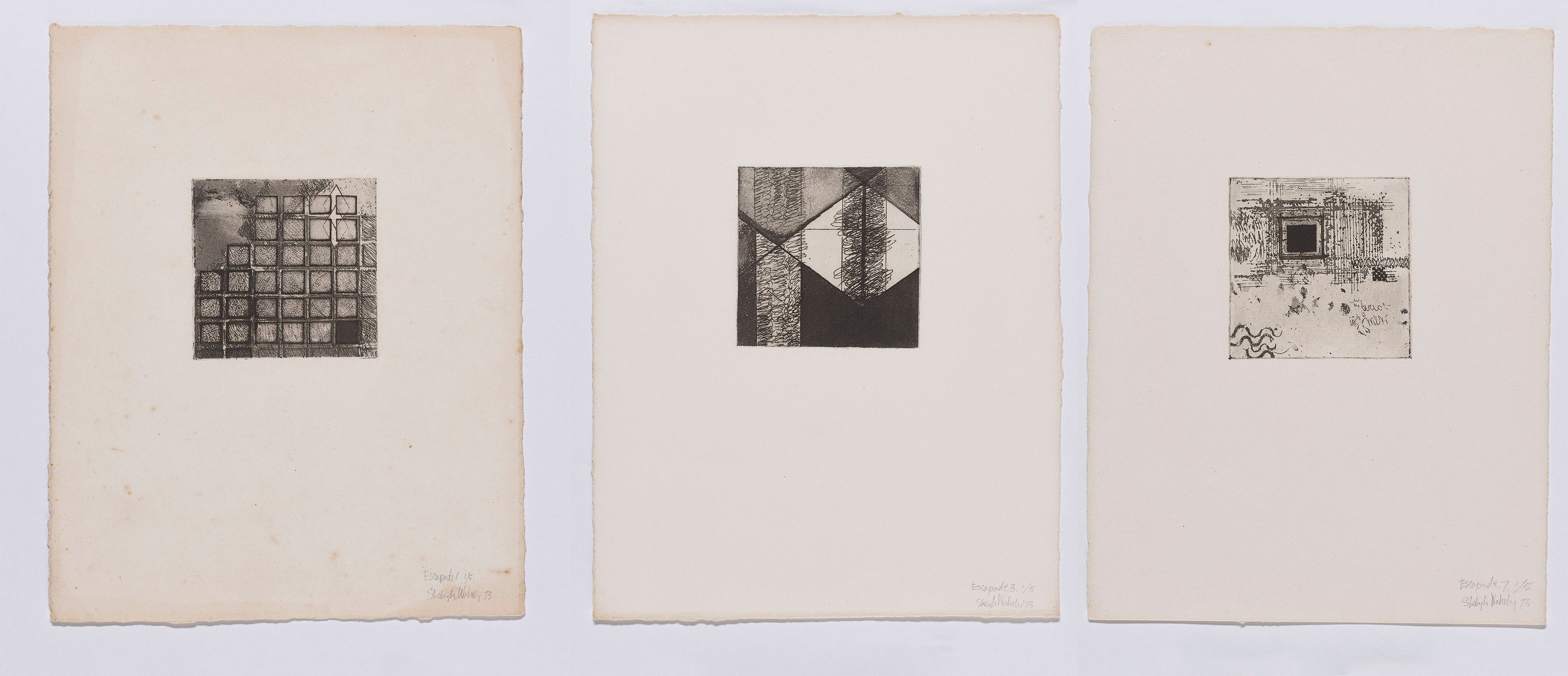 SHELAGH WAKELY Escapade 1, 3, 7, 1973 Etching 24.3 x 19 cm each