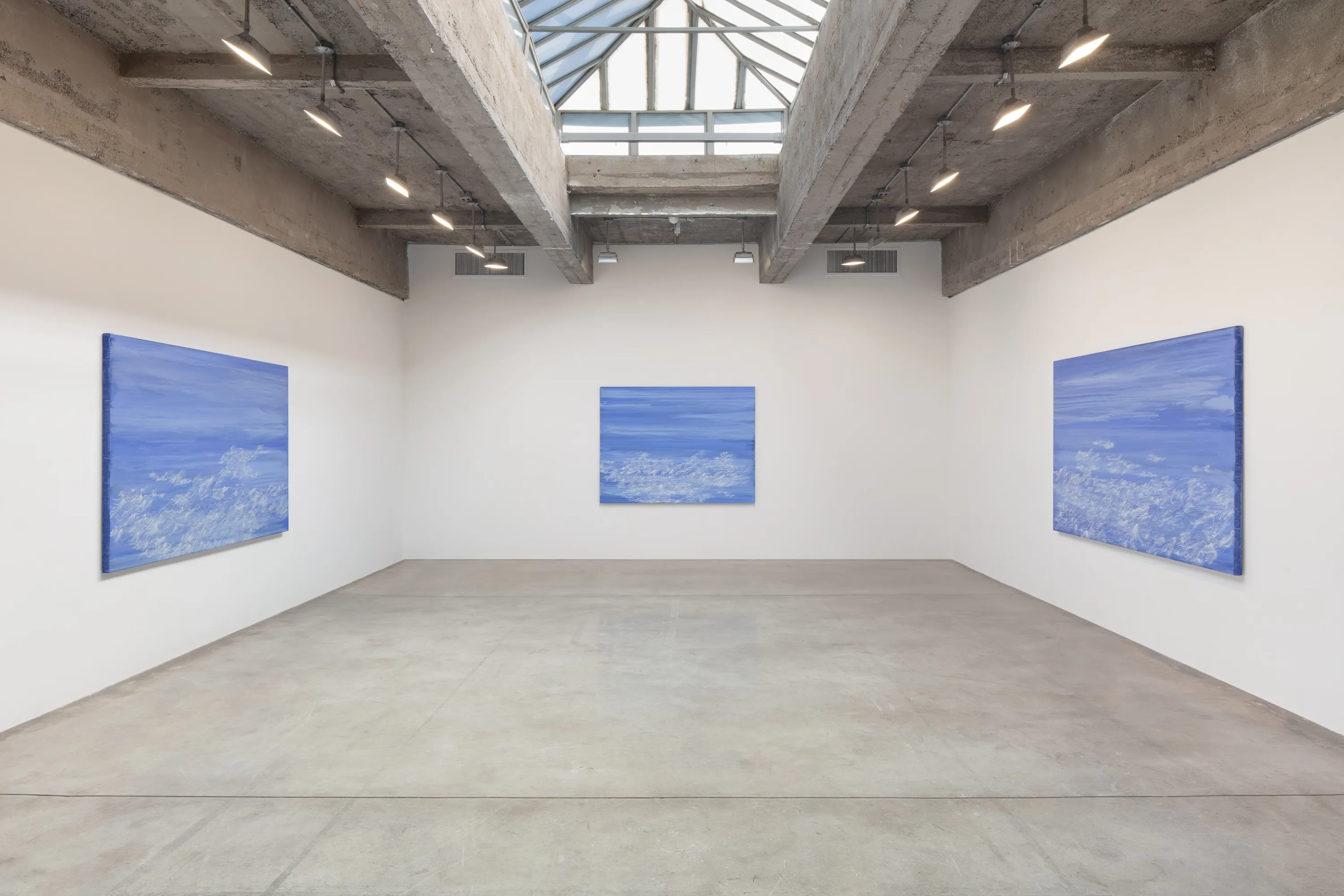 installation image of blue paintings by Sandra Cinto