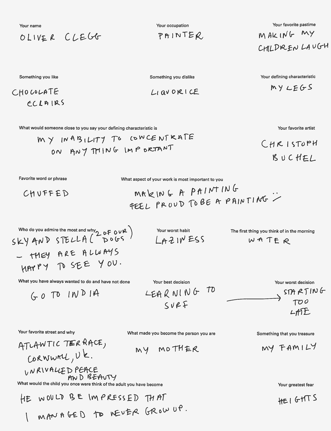 Oliver Clegg questionnaire 2024