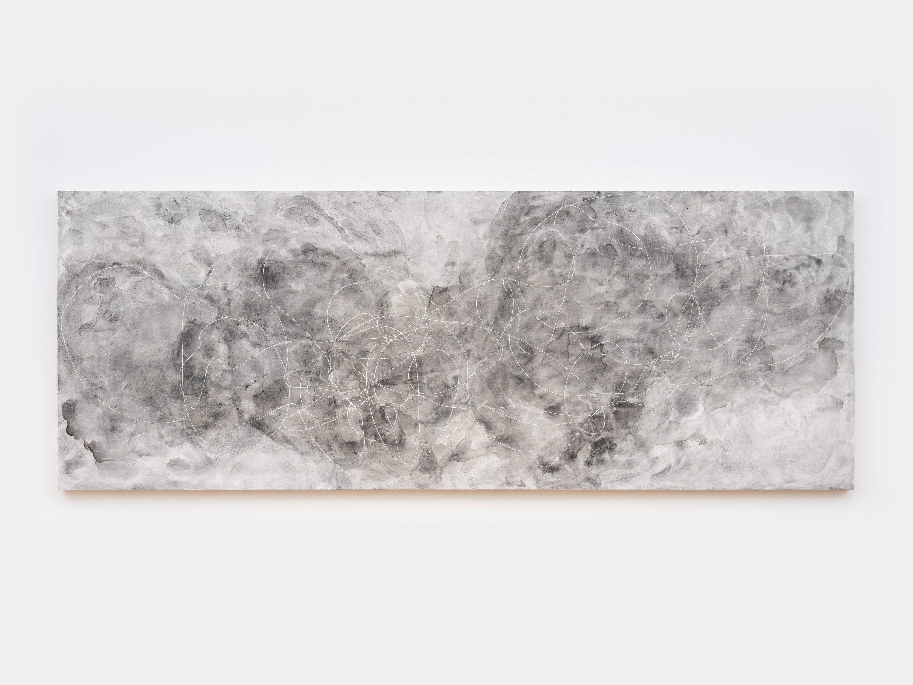 Elliott Puckette Roddon, 2024 ink, gesso and kaolin on wood panel 36 x 96 inches 91.4 x 243.8 cm