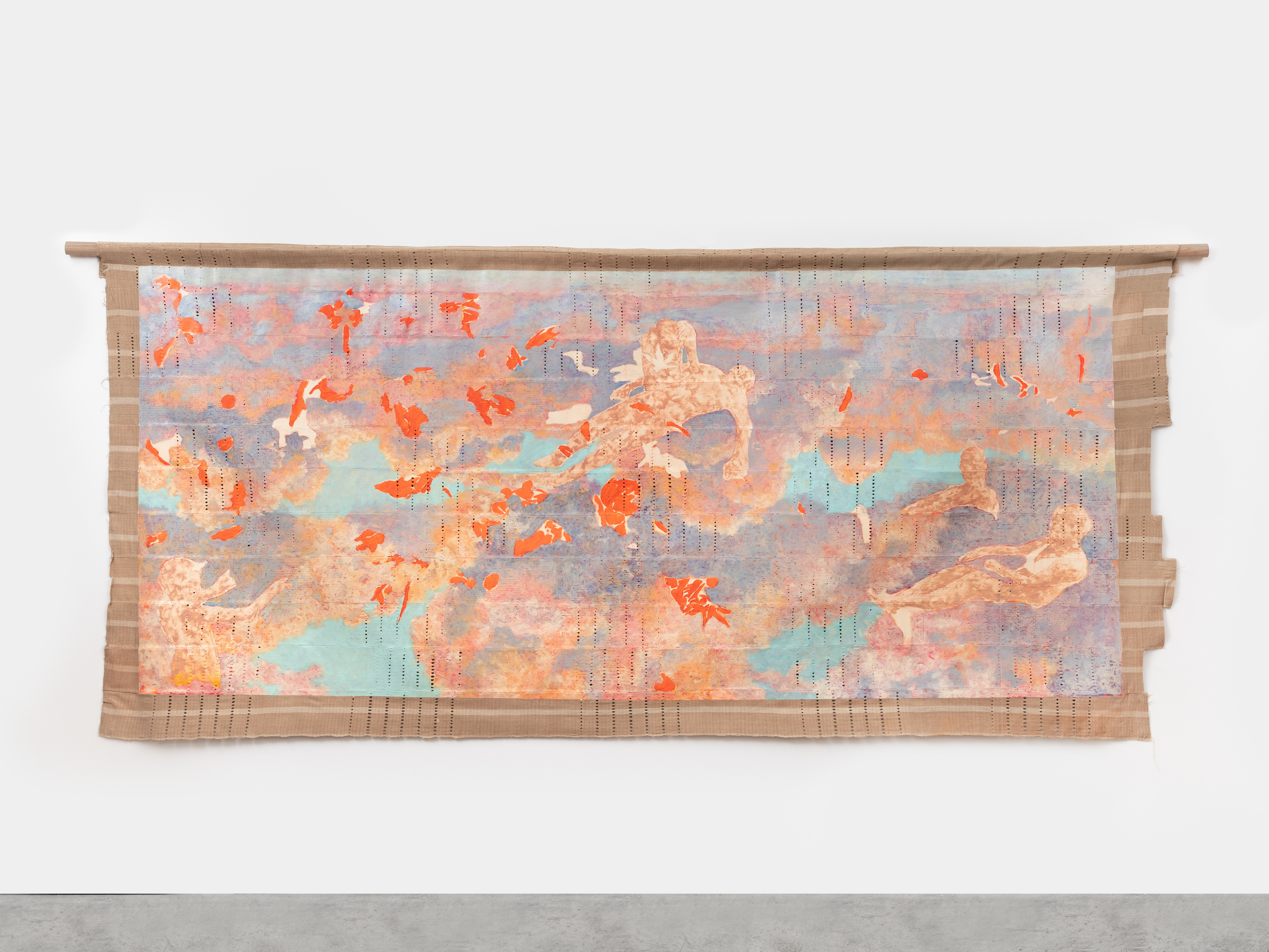 Nengi Omuku I Can't Feel My Legs 2, 2024 oil on sanyan 64 1/8 x 137 3/4 inches, overall 163...