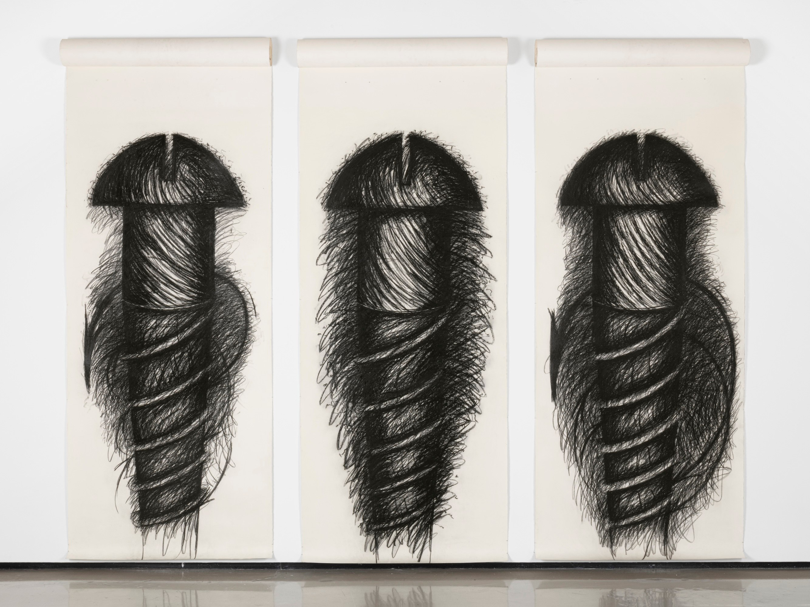 Judith Bernstein Three Panel Vertical, 1977 charcoal on paper left panel: 120 x 52 3/4 inches (304.8 x 134 cm)...