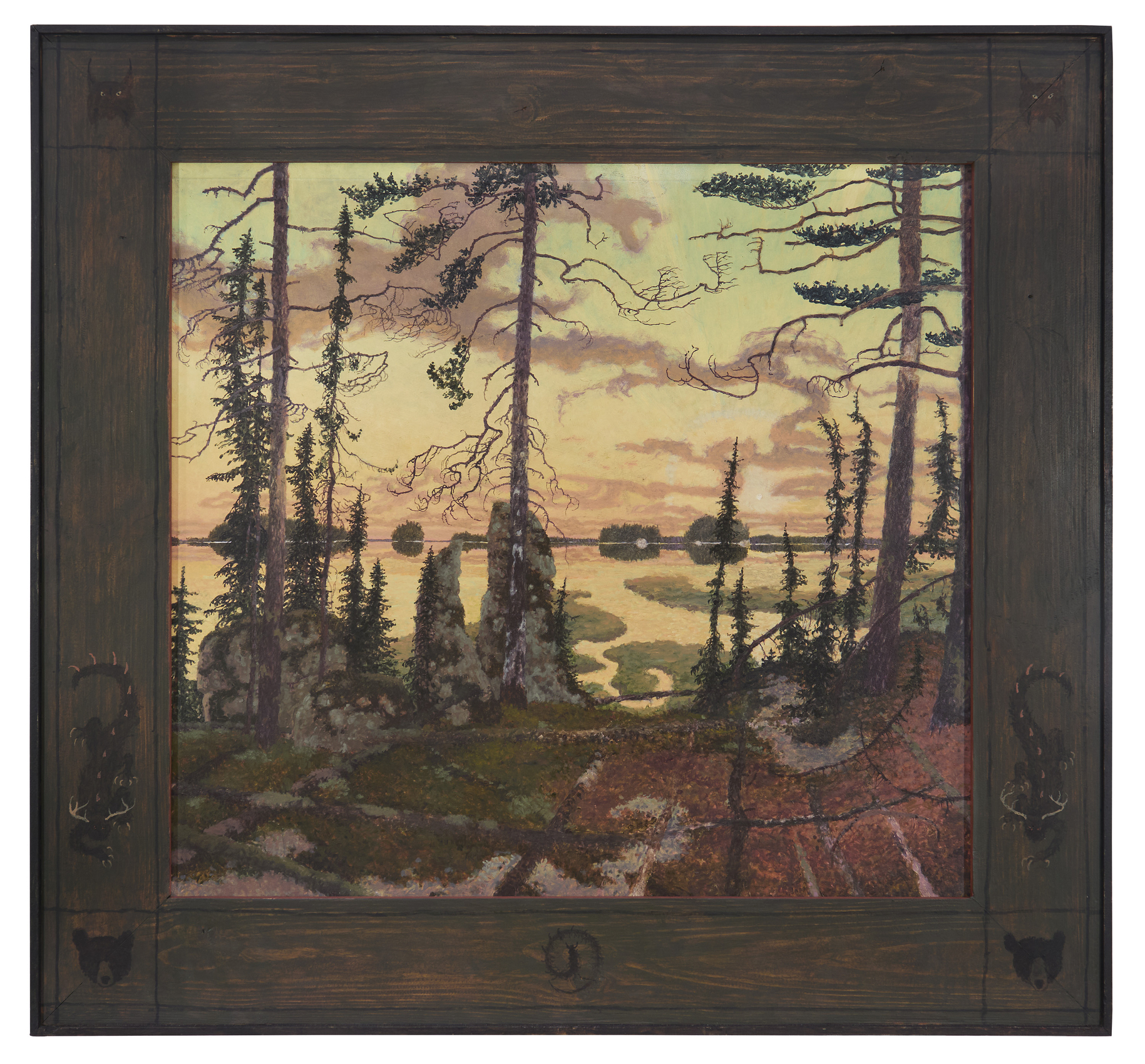 Naawagaam, 2025, oil on rag board, 27 1/4 x 29 1/4 inches, including artist's hand painted frame