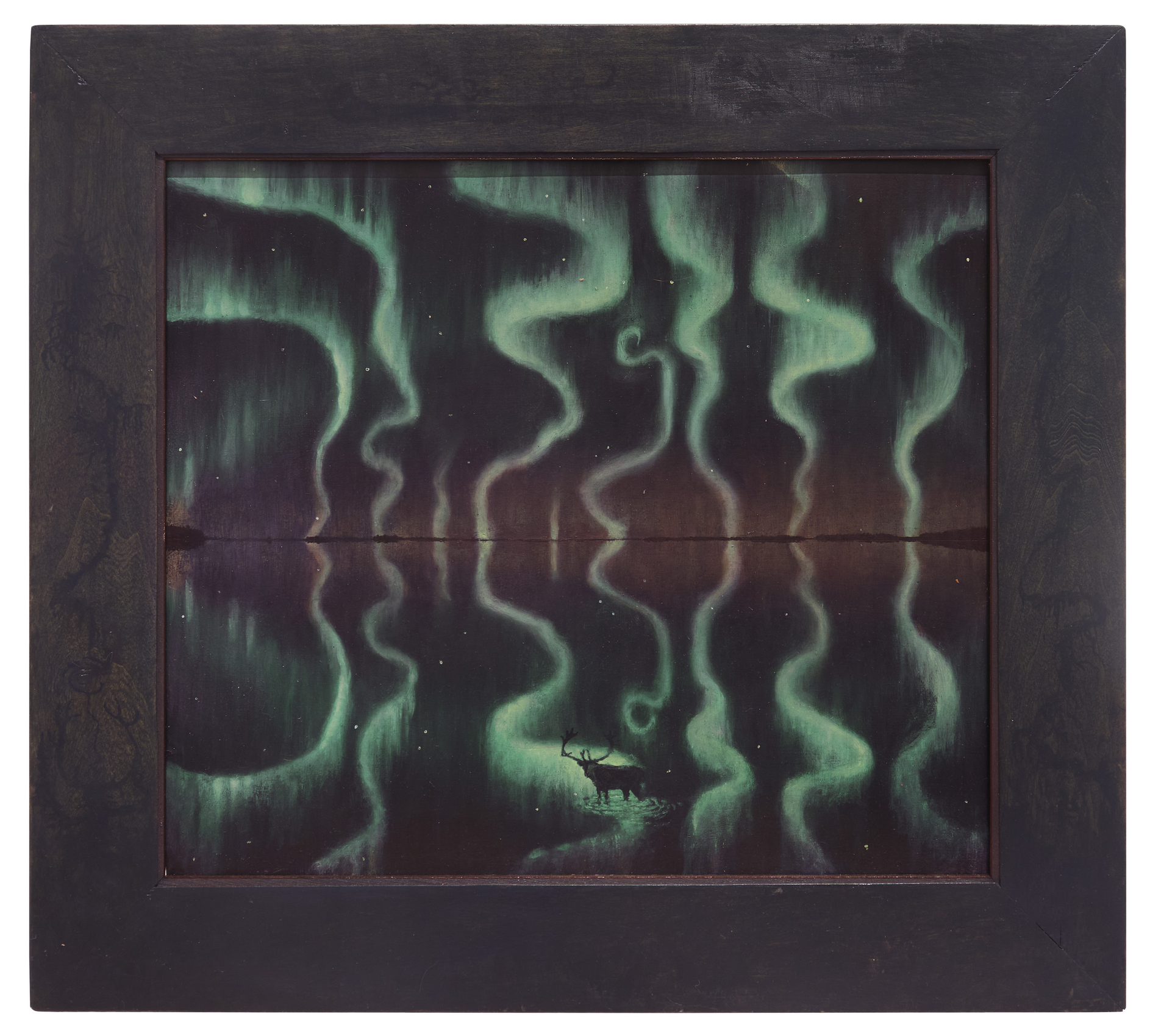 Odaapinan, 2025, oil on rag board, 18 1/2 x 20 1/2 inches, including artist's hand painted frame