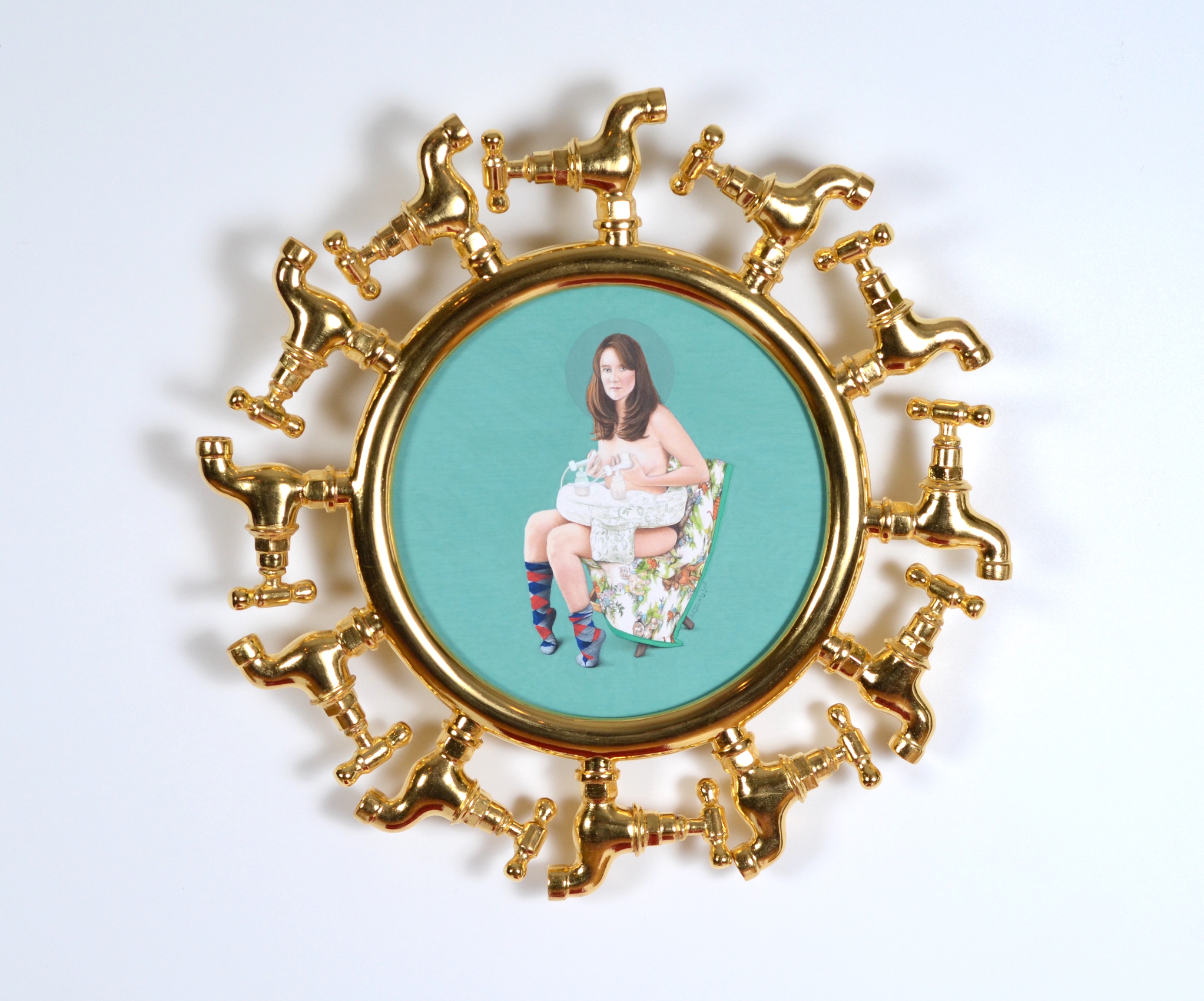 Humaira Abid, Woman With A Breast Pump, 2022,&nbsp;Carved and 24k gold gilded pine, pigments on handmade wasli paper, tru-vu museum acrylic, 18 in diameter (45.7 cm diameter), ABIHU004