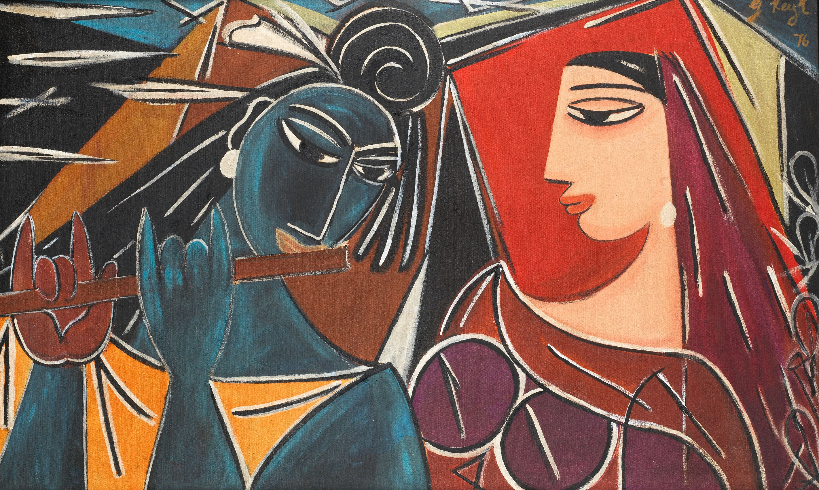 George Keyt, Radha and Krishna, 1976, Acrylic on canvas, 30&nbsp;⅔ x 50&nbsp;⅗ in (78 x 128.5 cm), KEYGE005