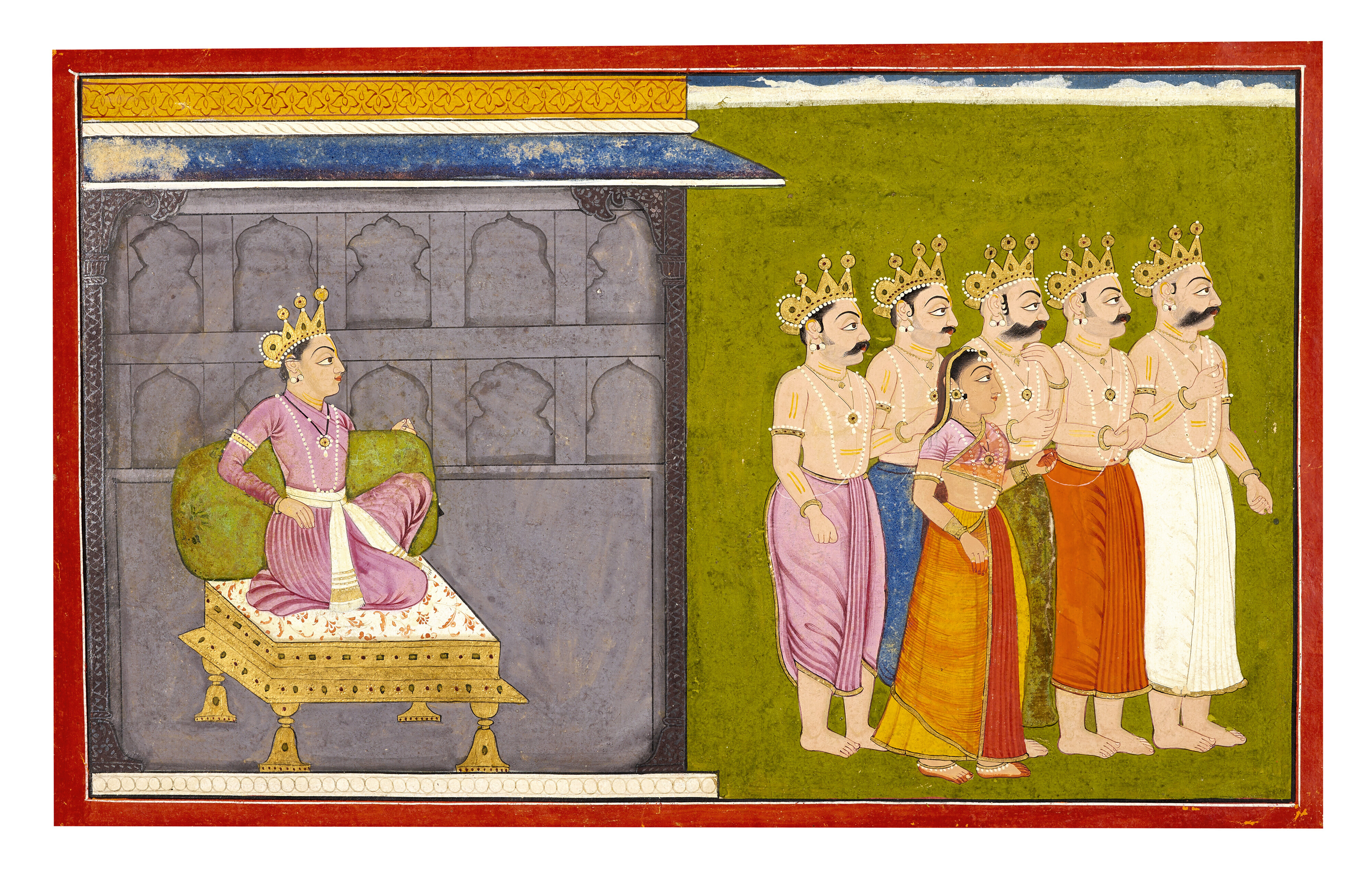 ILLUSTRATION FROM A MAHABHARATA SERIES: DRAUPADI AND HER FIVE&nbsp;HUSBANDS LEAVE AFTER VISITING A PRINCE