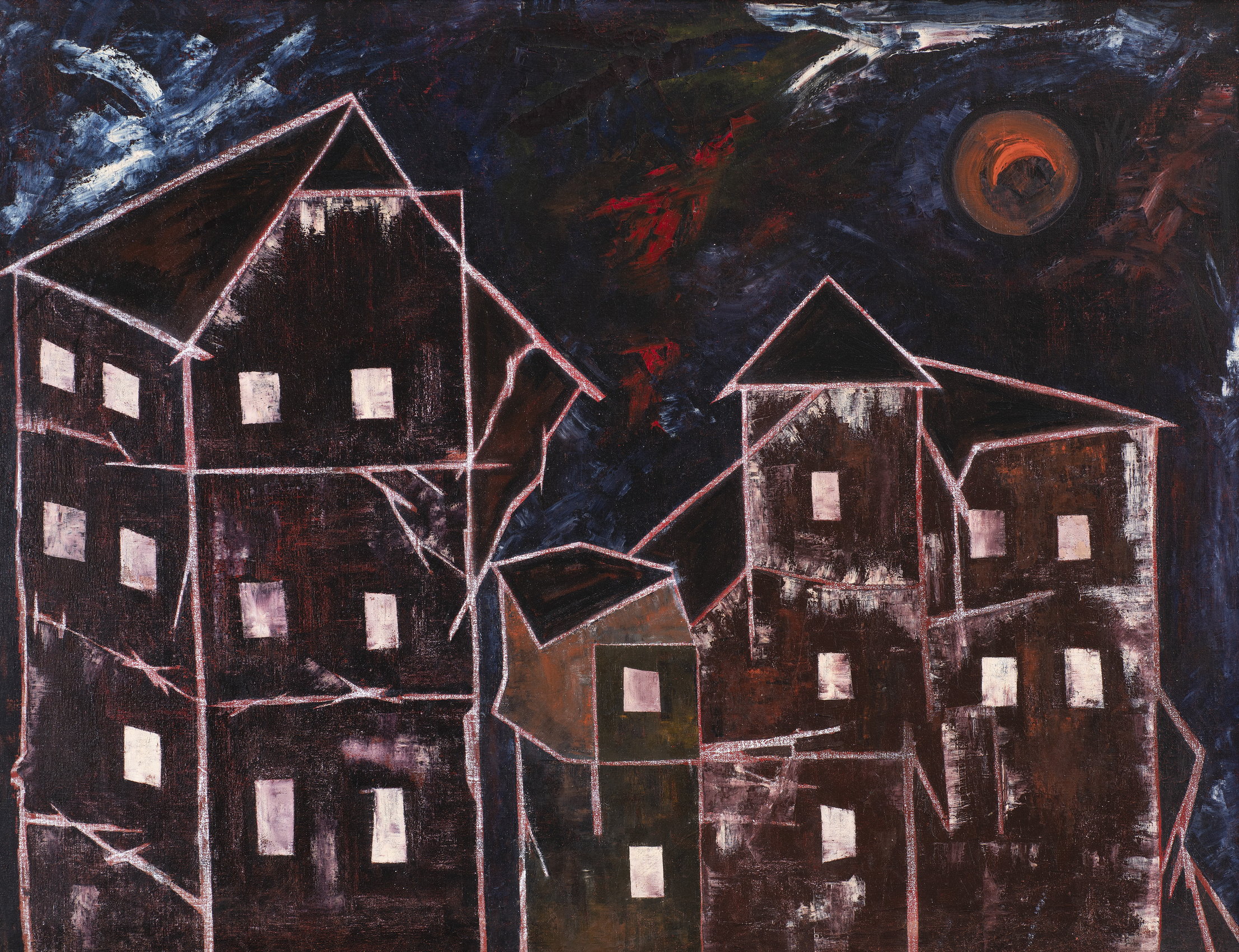 Lancelot Ribeiro, Untitled (Night Townscape), c. 1963, Oil and polyvinyl acetate on canvas, 34 ⅔&nbsp;x 44&nbsp;⅛ in (88 x 112 cm), RIBLA003