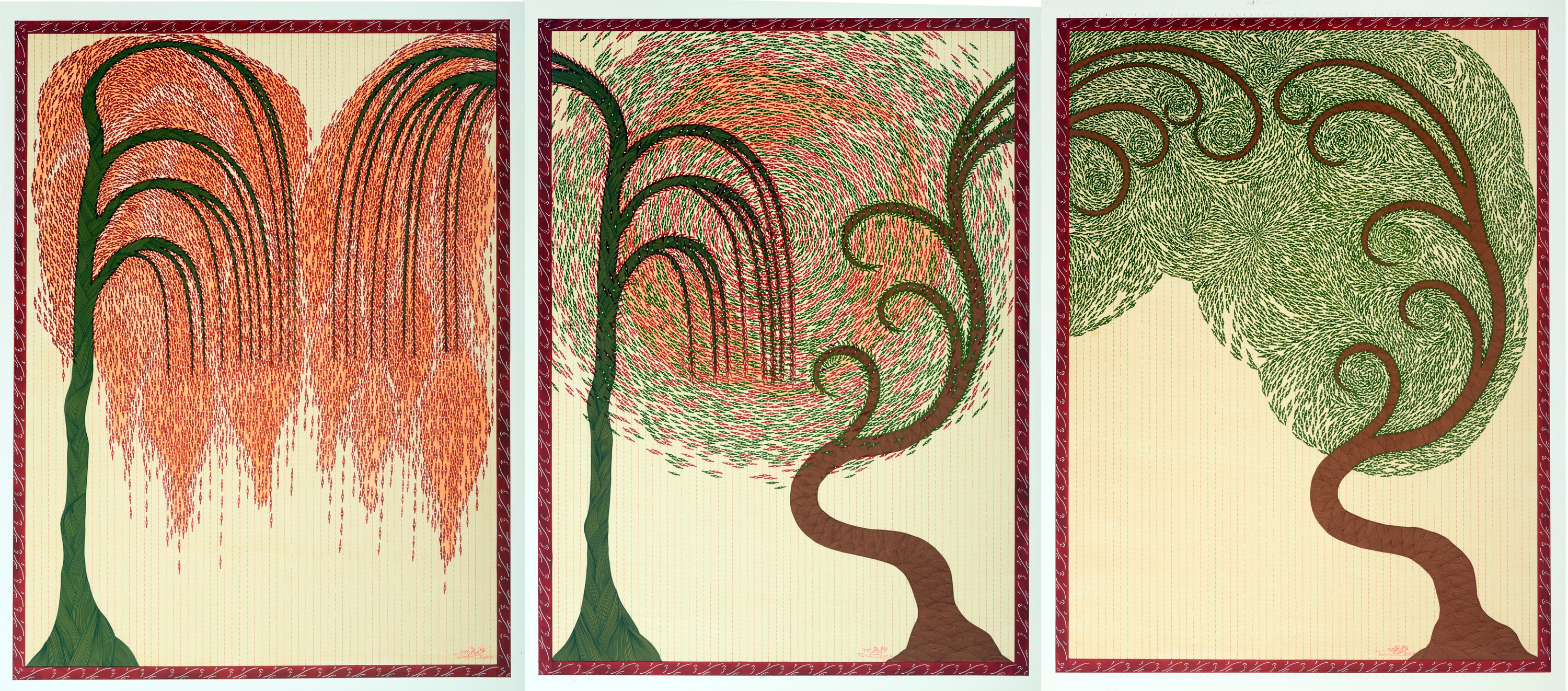 Talha Rathore, Contrary Delectations, 2022,&nbsp;Gouache, Tea Stain and Archival pen on Wasli (Triptych), 23 x 17 in each (58.4 x 43.2 cm each), RATTA032