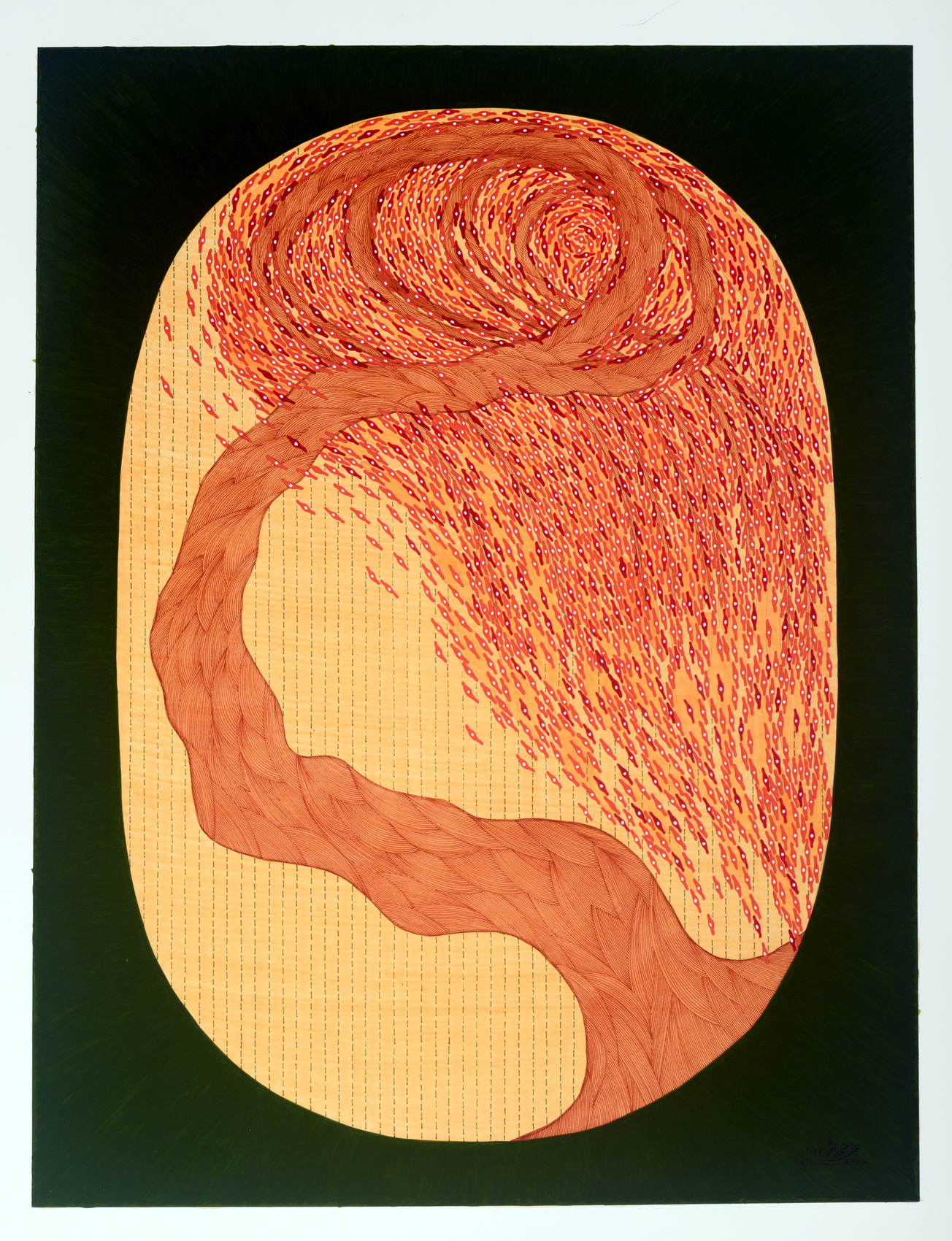 Talha Rathore,&nbsp;Exuberance III, 2022,&nbsp;Gouache, tea stain and archival pen on wasli paper,&nbsp;22 ⅛ x 16 in (56.2 x 40.6 cm), RATTA034