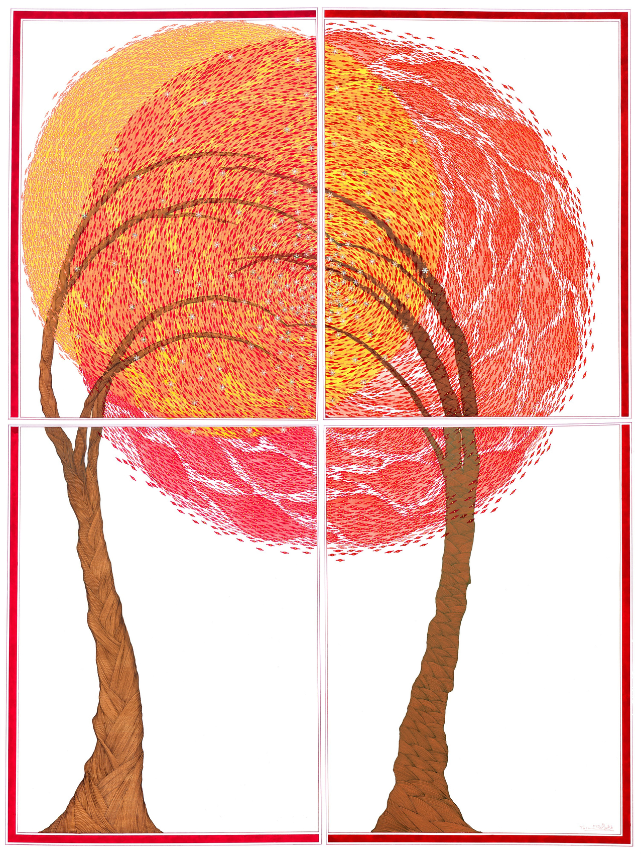 Talha Rathore, Inverted Bliss, 2025,&nbsp;Gouache, Tea Stain and Archival pen and Collage on Wasli paper, Quadriptych,&nbsp;22 &frac12; x 16 &frac12; in each (57.2 x 41.9 cm each), RATTA031
