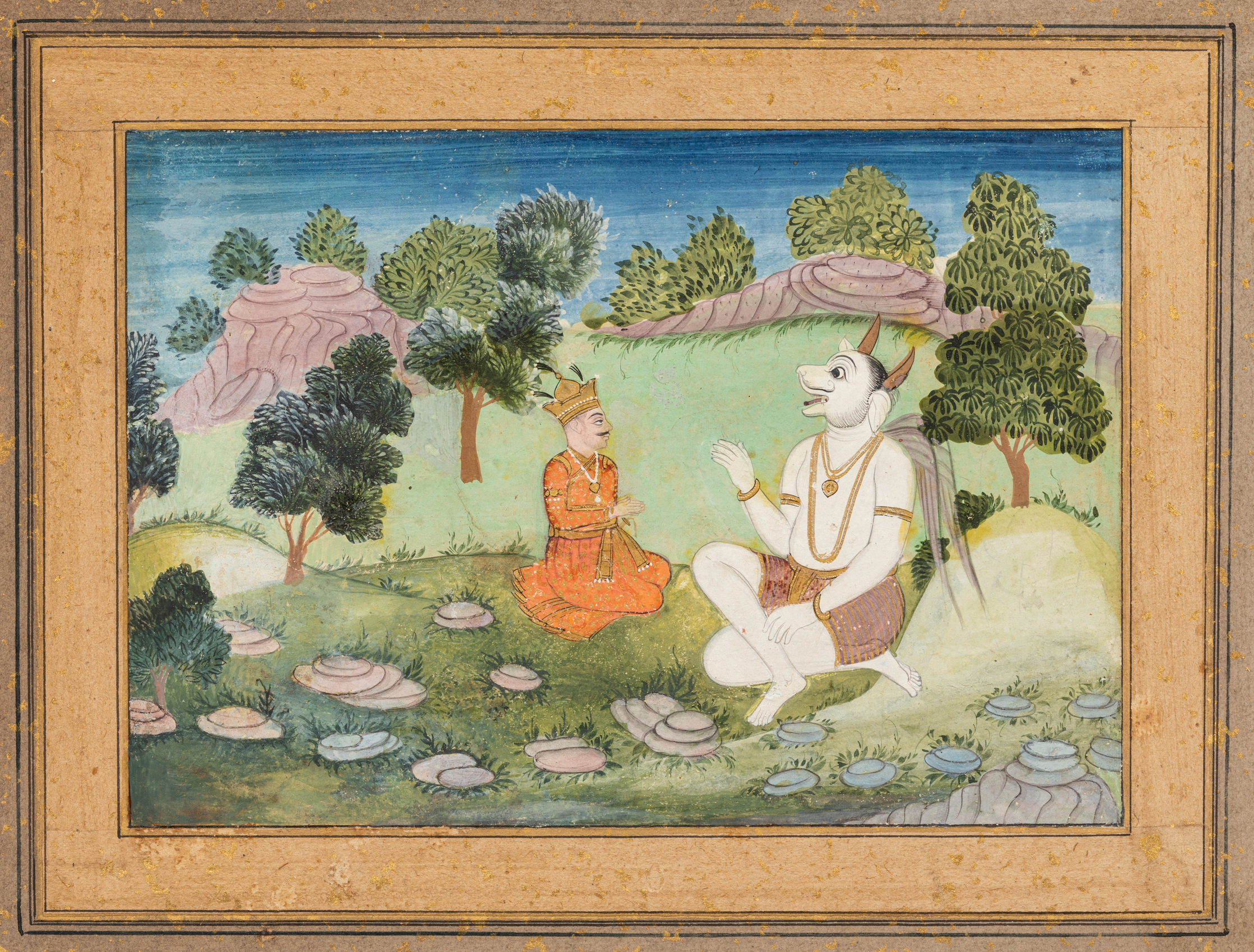 MYTHOLOGICAL FIGURE WITH RULER (A PRINCE SEATED BEFORE NANDI&nbsp;(NANDIKESHVARA))