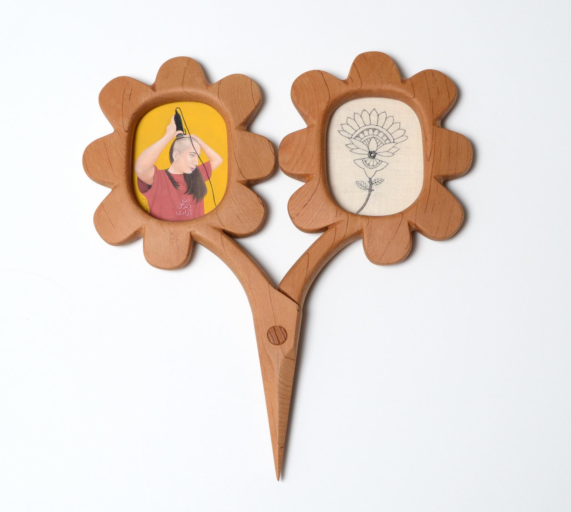 Humaira Abid, WOMEN, LIFE, FREEDOM - III, 2025,&nbsp;Pine, pigments on handmade wasli paper, museum acrylic, silk embroidered with human hair, 12 x 11 x 1 in (30.5 x 27.9 x 2.5 cm), ABIHU003