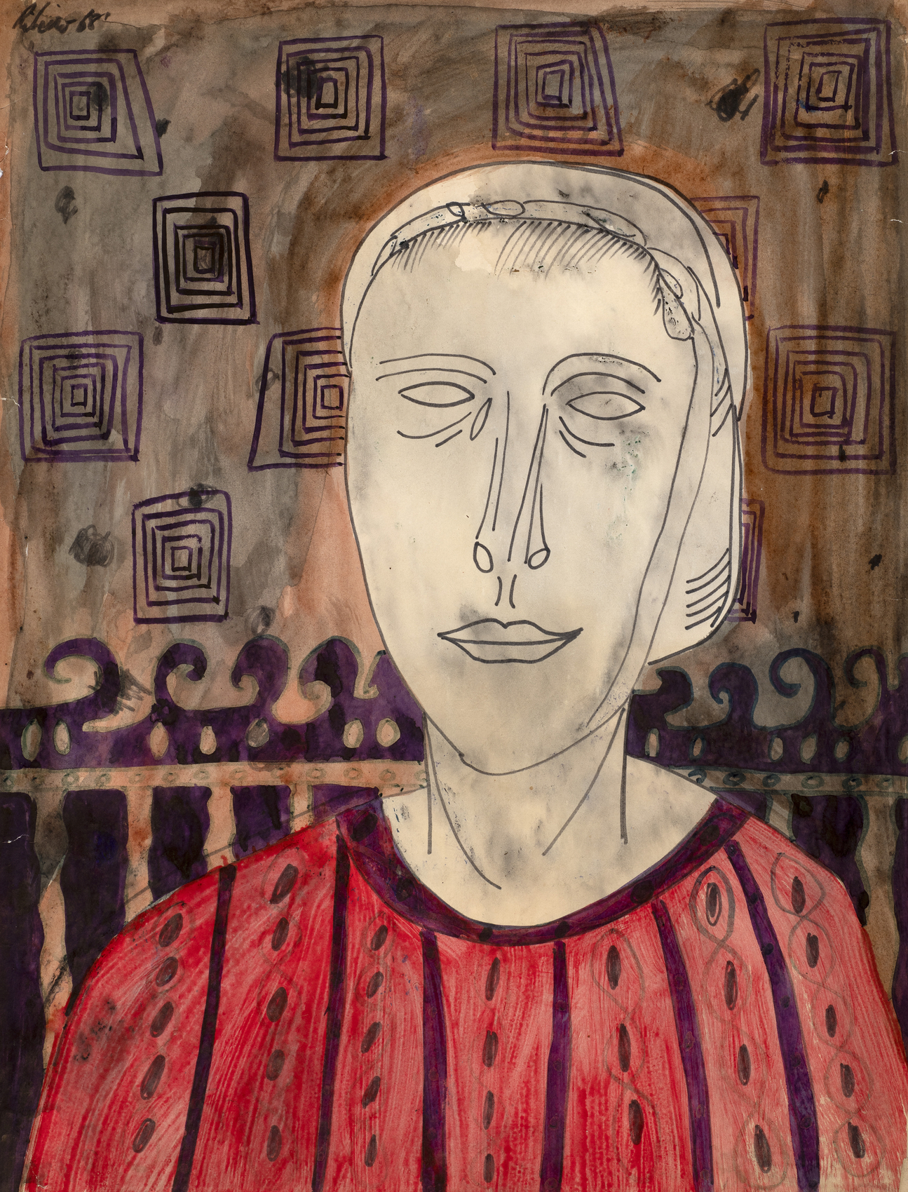 Lancelot Ribeiro, Untitled (Head), 1968, Polyvinyl acetate wash and pen on paper, 21&nbsp;⅞ x 15&nbsp;⅔ in (55.6 x 39.9 cm), RIBLA053