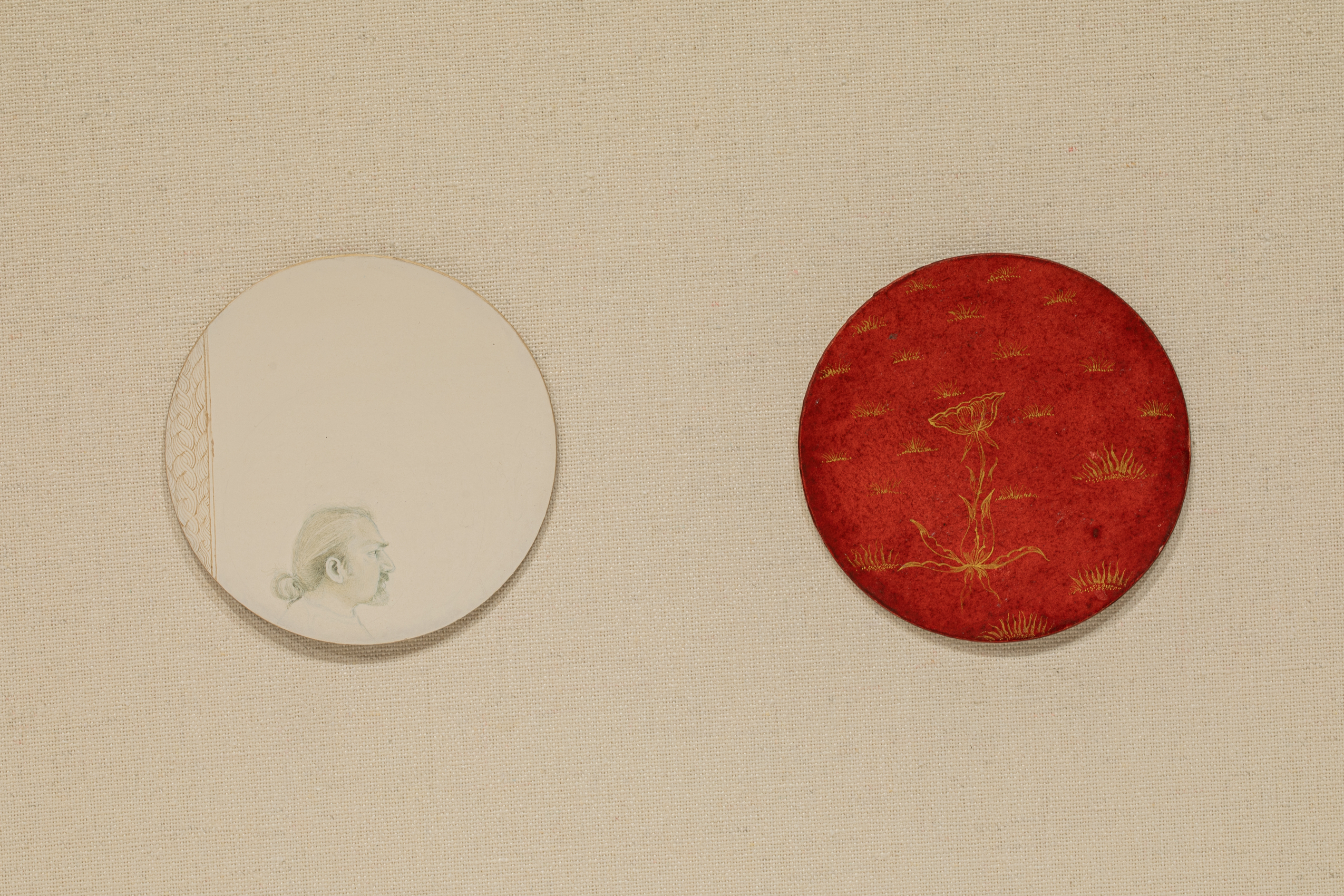 Hasnat Mehmood, Self Portrait, 2021,&nbsp;Gouache and gold on wasli paper, diptych, 3 in diameter each (7.6 cm diameter each), MEHHA013