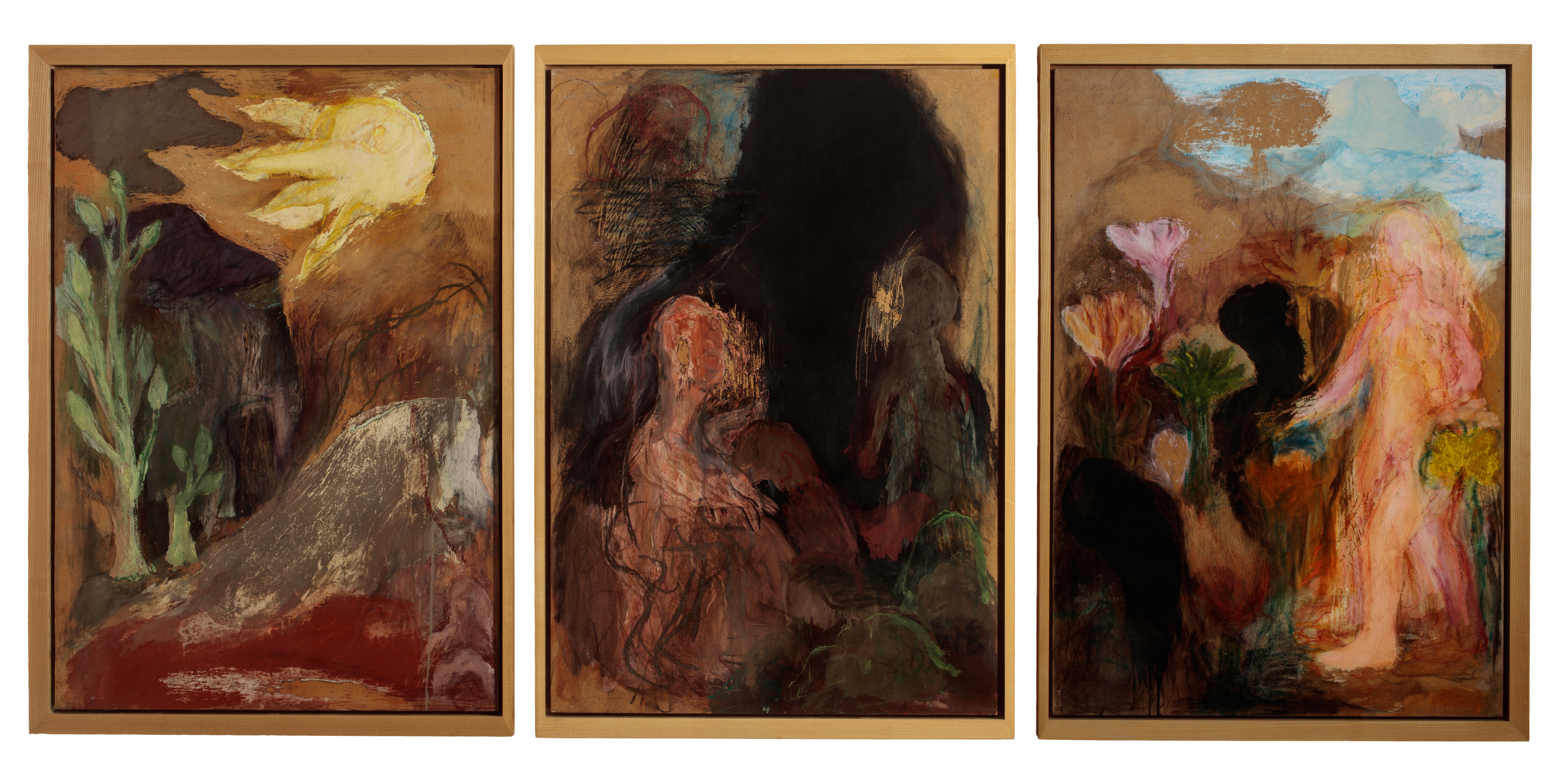 Ken Kiff, National Gallery - Triptych, 1993, acrylic on board panel in 3 parts. Courtesy of the artist and Hales London and New York. &copy; The Estate of Ken Kiff. All rights reserved, DACS [2025].