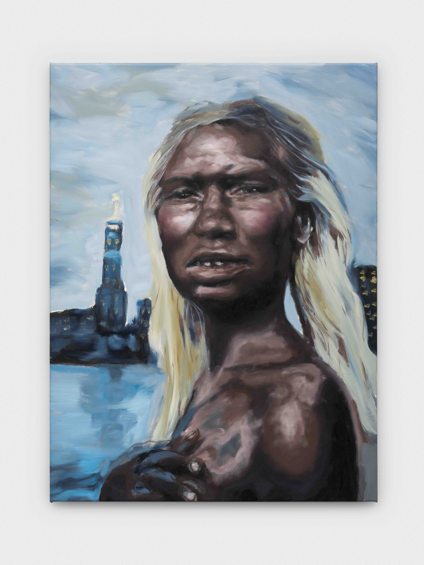 Ta&iacute;na Cruz, Hudson River Mermaid on Strike, 2025, oil on canvas, 40 x 29 1/2 x 3/4 in., photography by Julian Blum. Courtesy of Kraupa-Tuskany Zeidler.