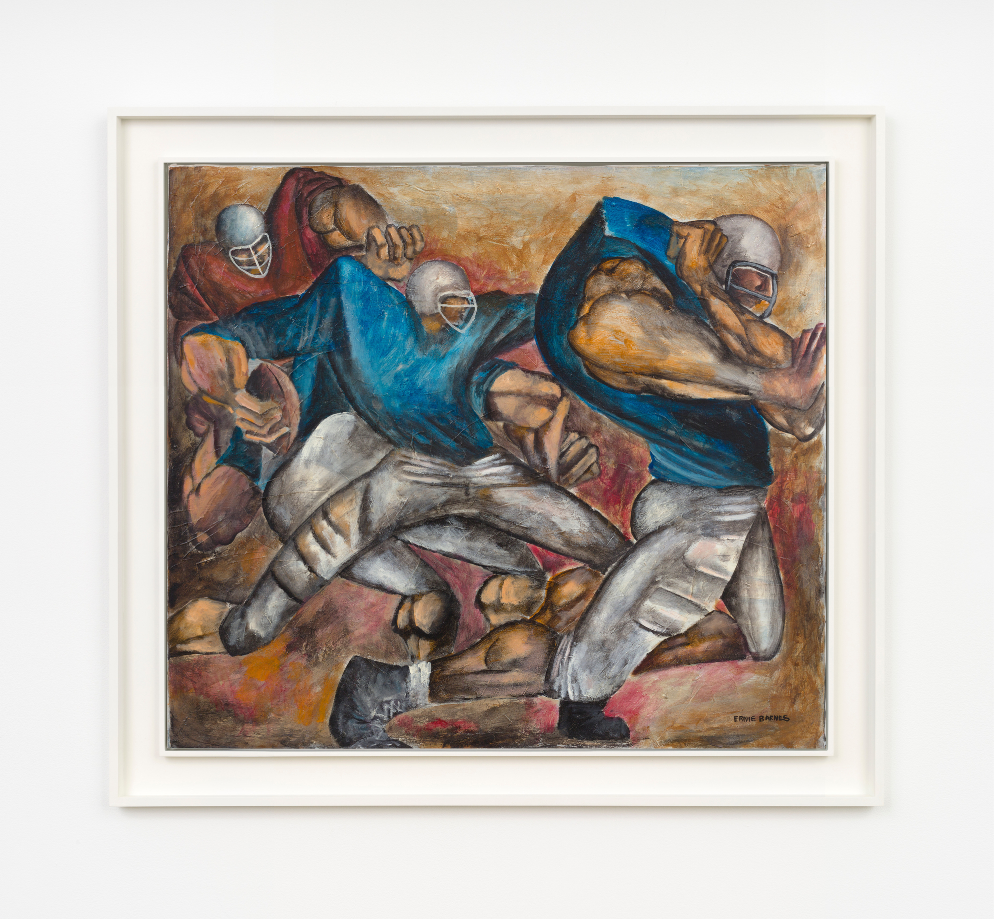 Ernie Barnes, Football Players, c. 1966, acrylic on canvas, 32 1/8 x 36 1/4 in. Courtesy of Ortuzar.