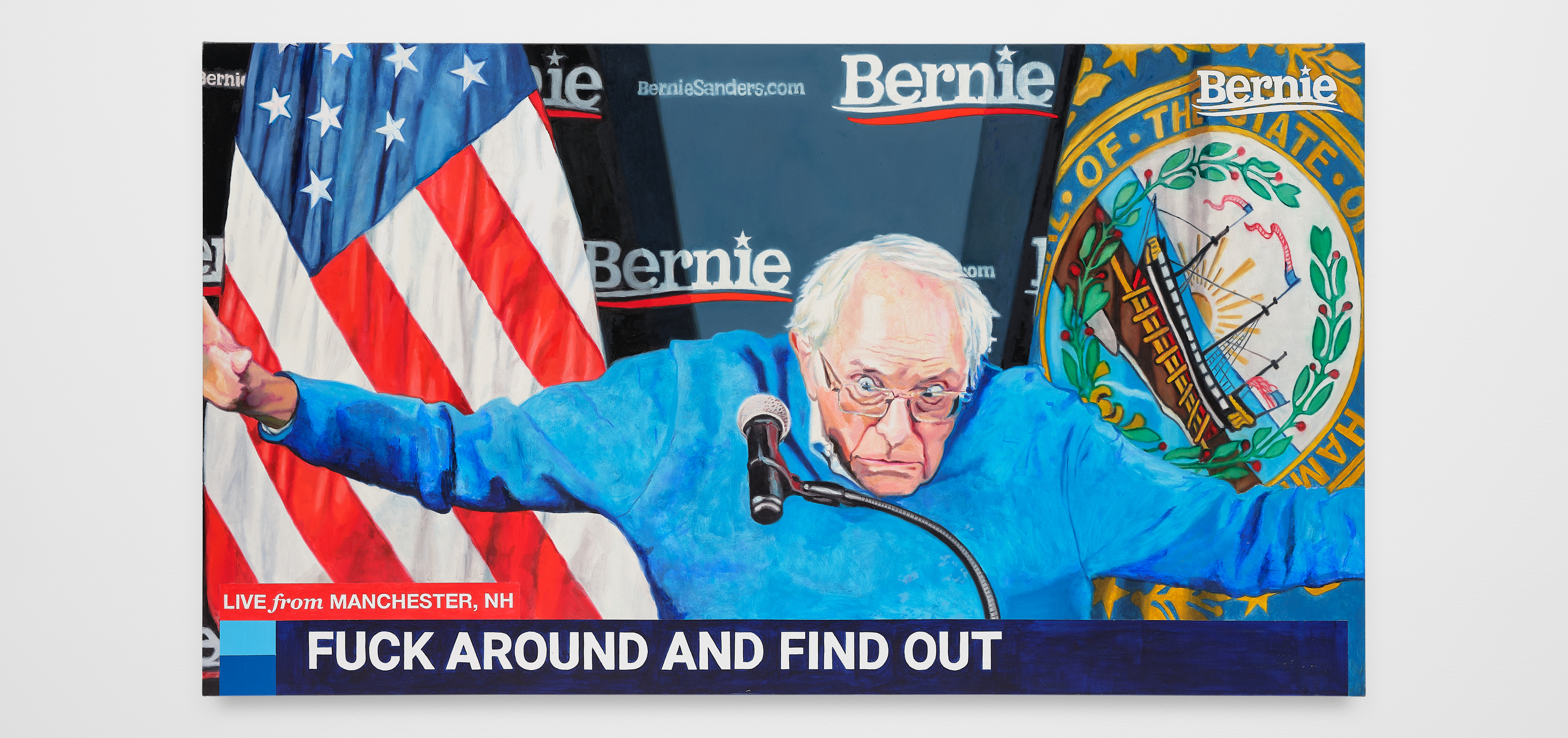 A painting by Christine Tien Wang of Bernie Sanders giving a press release with his arms outstretched with the headline reading "FUCK AROUND AND FIND OUT"
