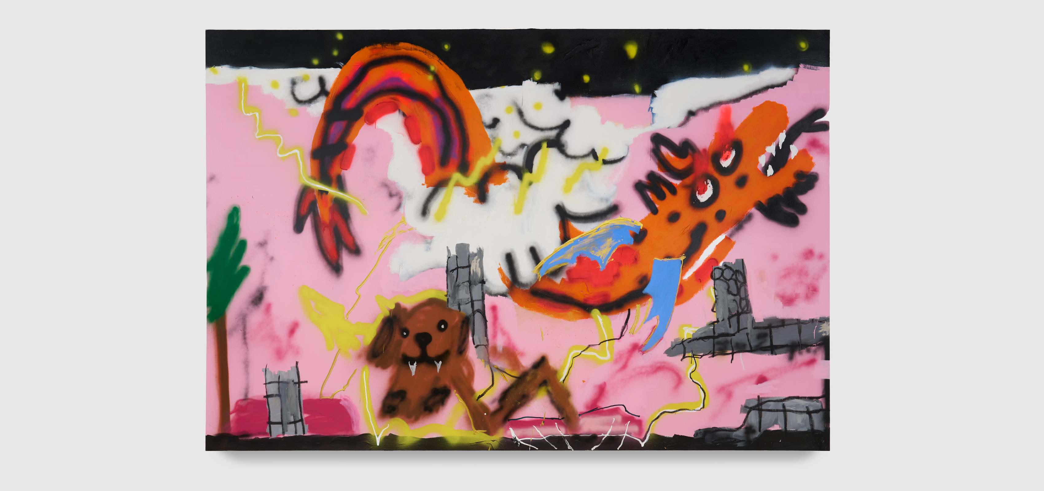A painting by Robert Nava of a brown dog with fangs in a cityscape with an orange dragon flying across a pink sky.