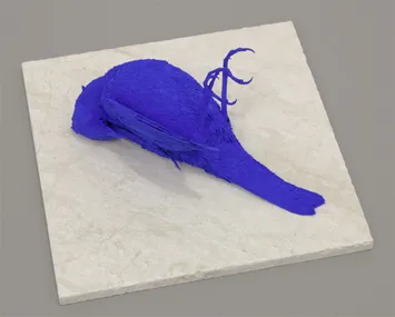 Not a single sound fell from her lips, thrush-sized, colour pigment on taxidermied bird, 2026