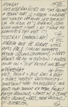 Indiana's journal page for August 14–15, 1961; the page consists only of text, no sketches
