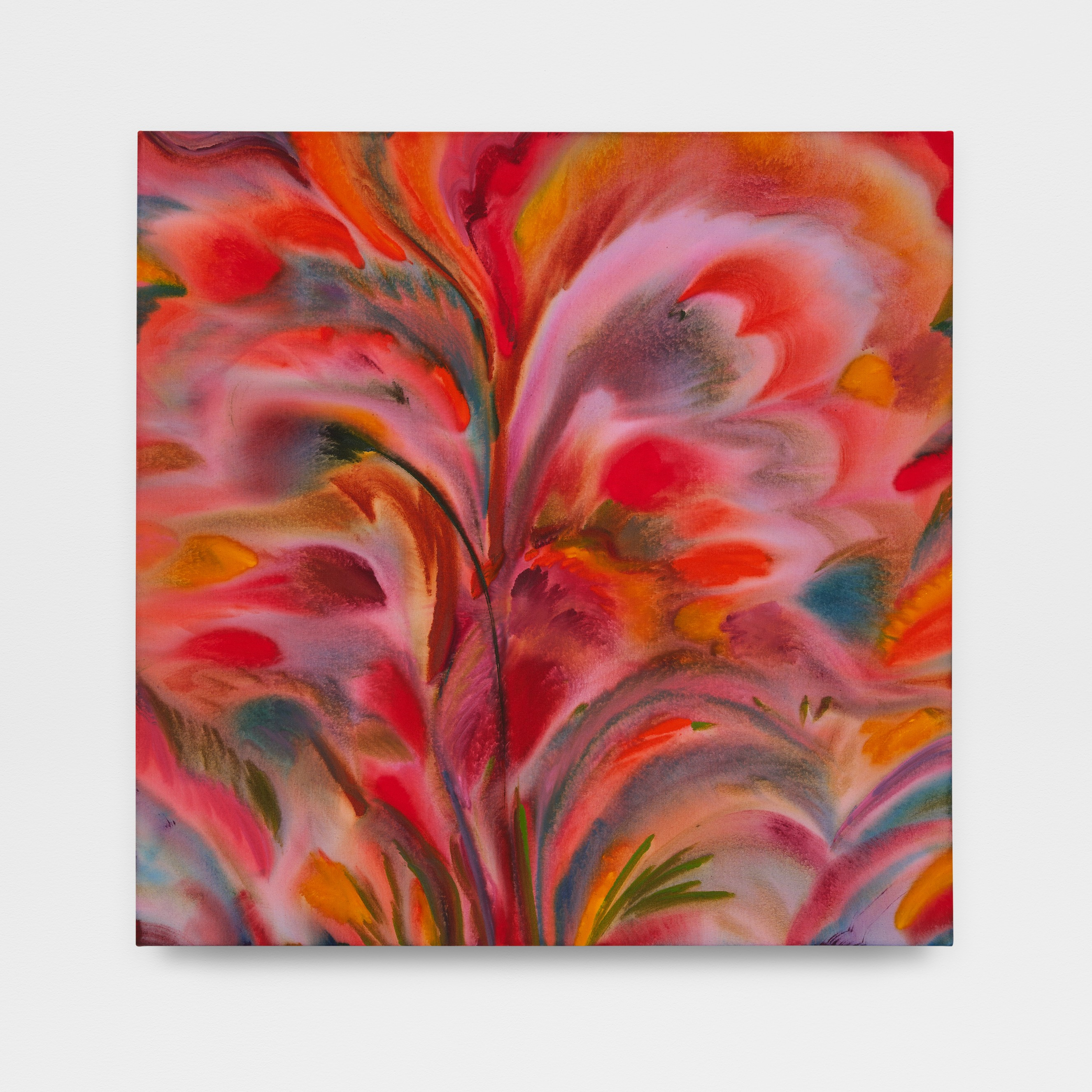 A painting by Sarah Blaustein of abstract expressive shapes spreading outward in pink, orange, blue and green hues.