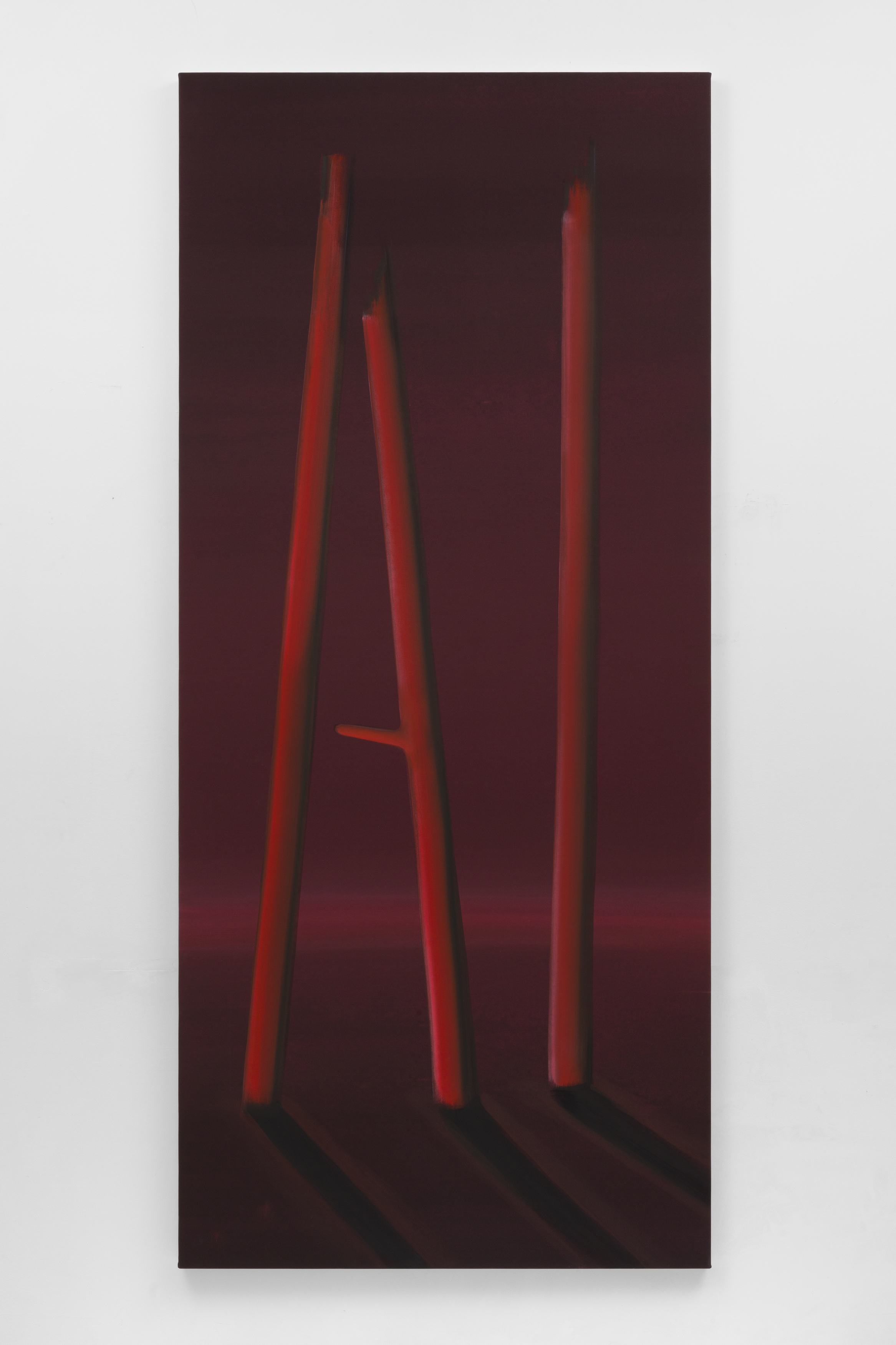A large vertically rectangular painting by Wanda Koop of three red branches that form the letters "AI" against a burgundy sky. 