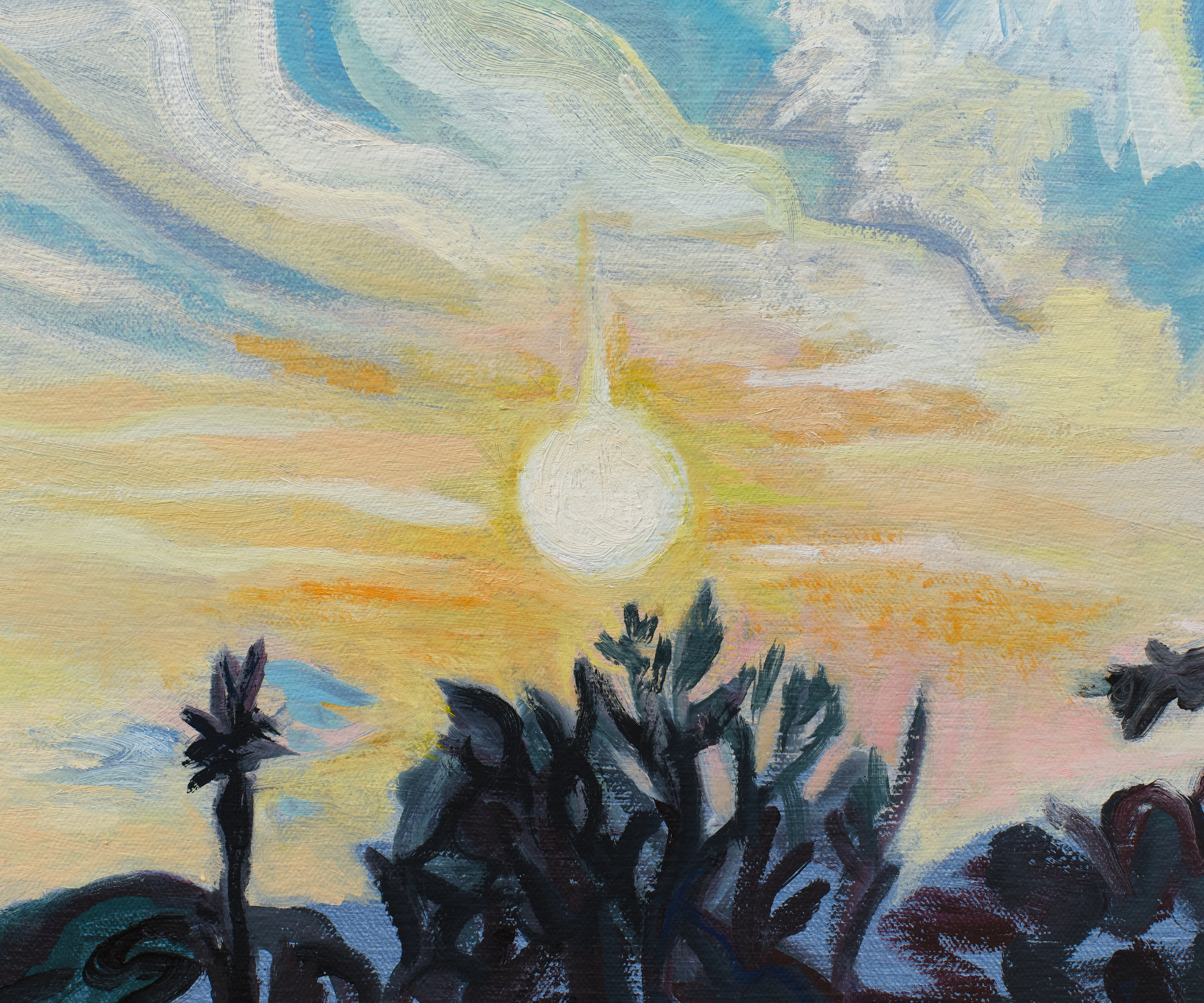 Detail of a glowing sun through clouds in Mira Dancy's "Solstice Sun Dog"