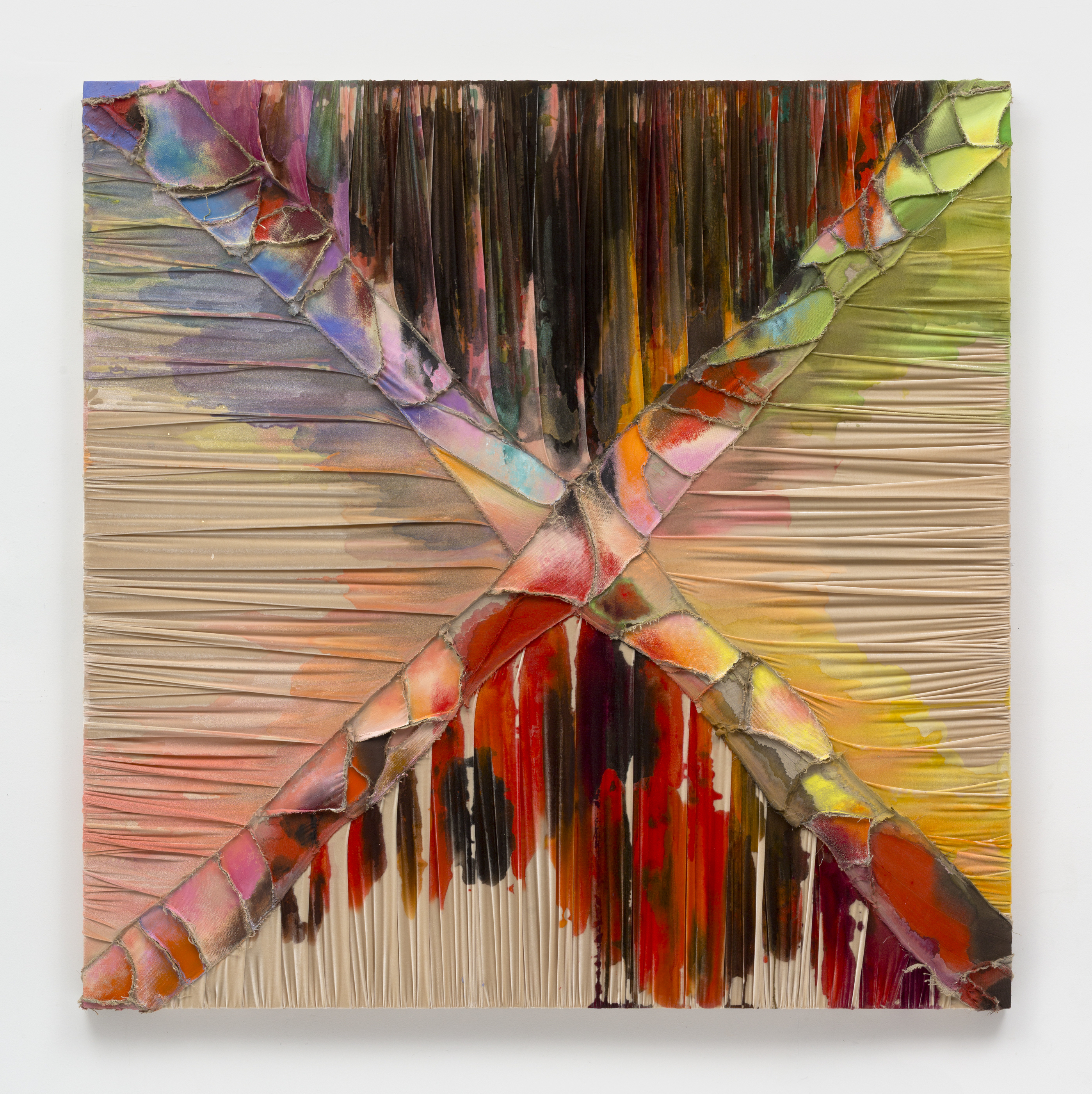 A stretched textile artwork by Elaine Stocki of multicolored sections of fabric sewn together.