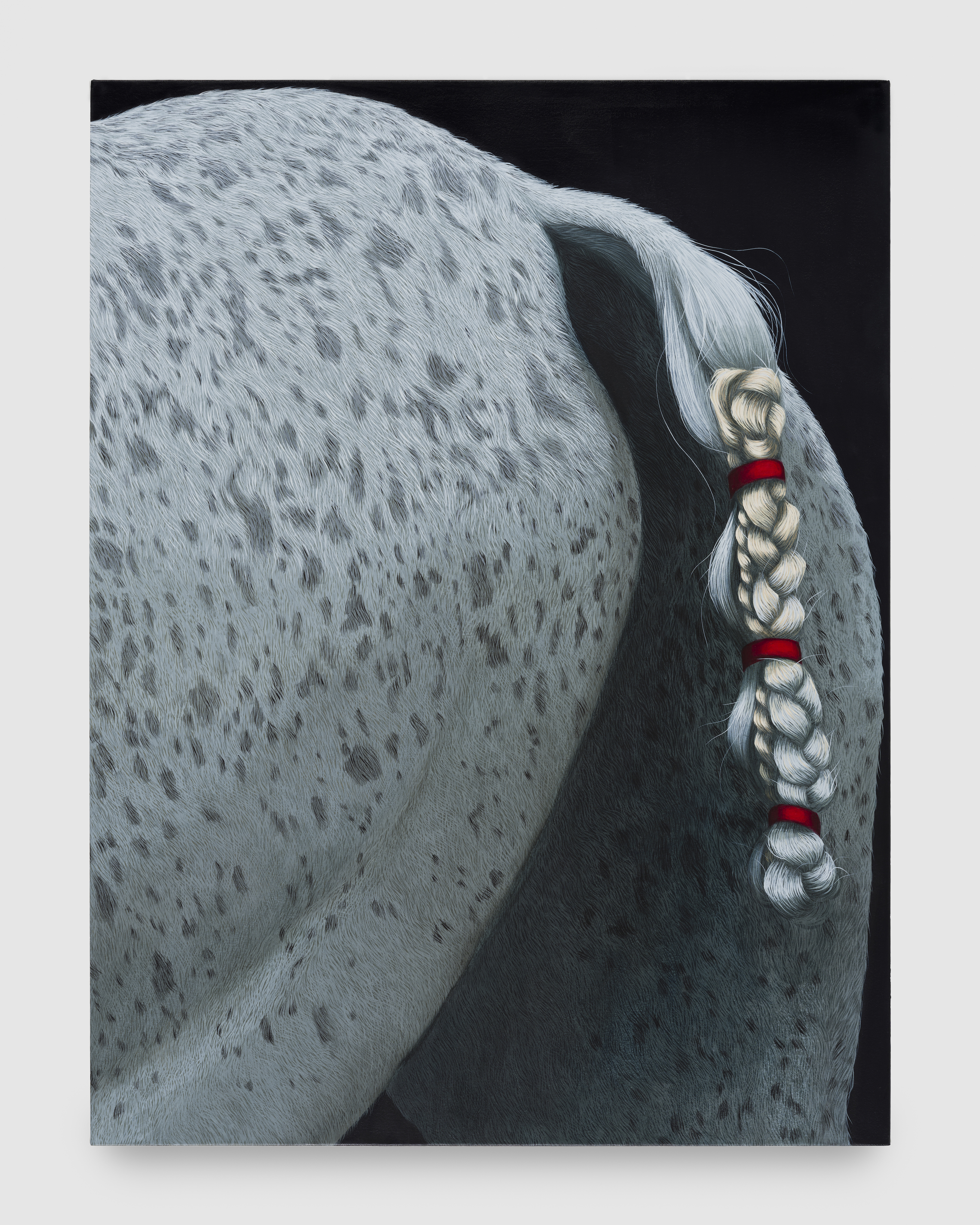 A painting by Sarah Miska of a horses' rear end with a braided tail tied with red elastic.